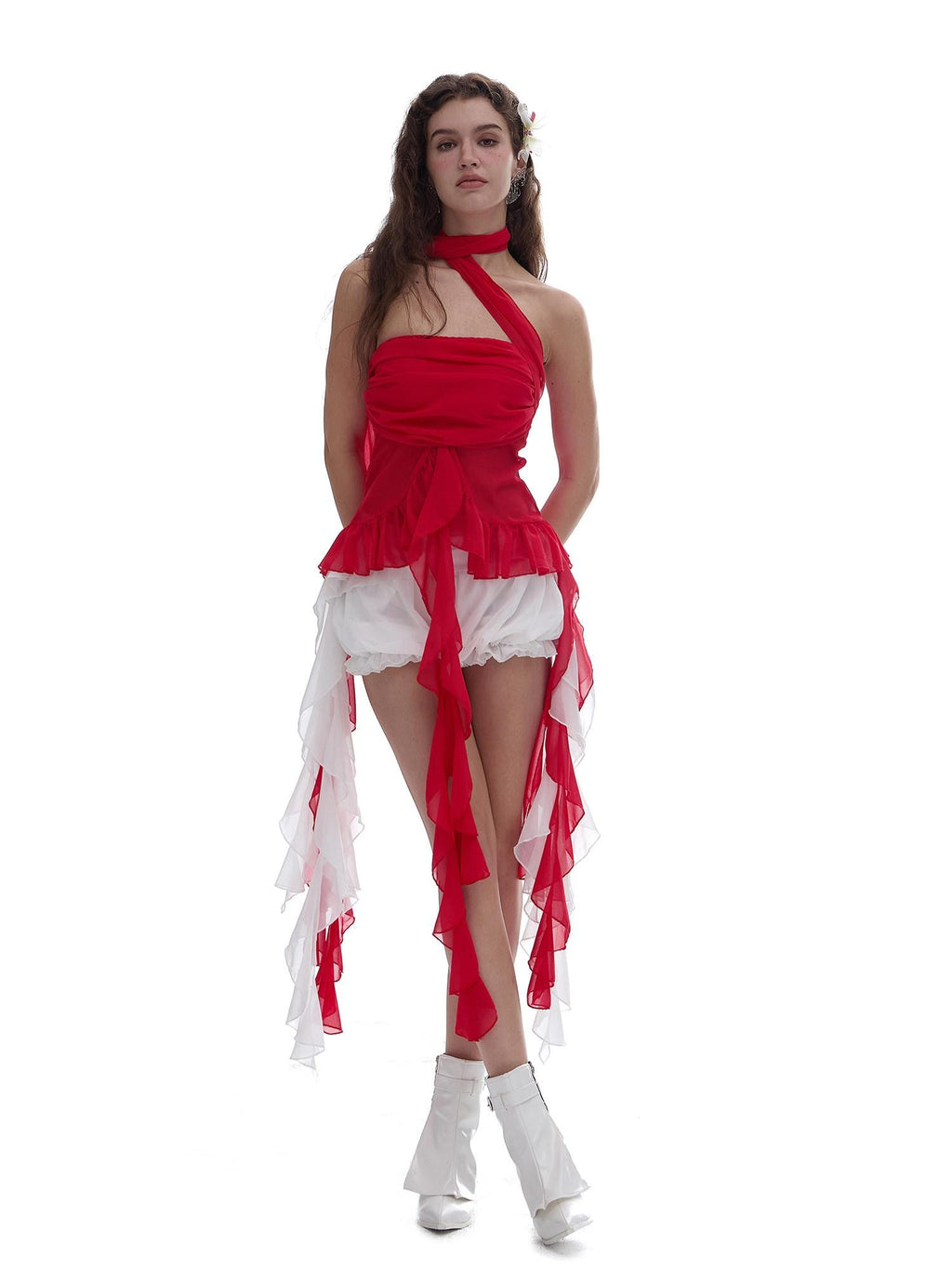 START THE ENGINE Red Mesh Ruffle Halter Ribbon Built In Pad Slim Fit Women's Polyester Tube Tops
