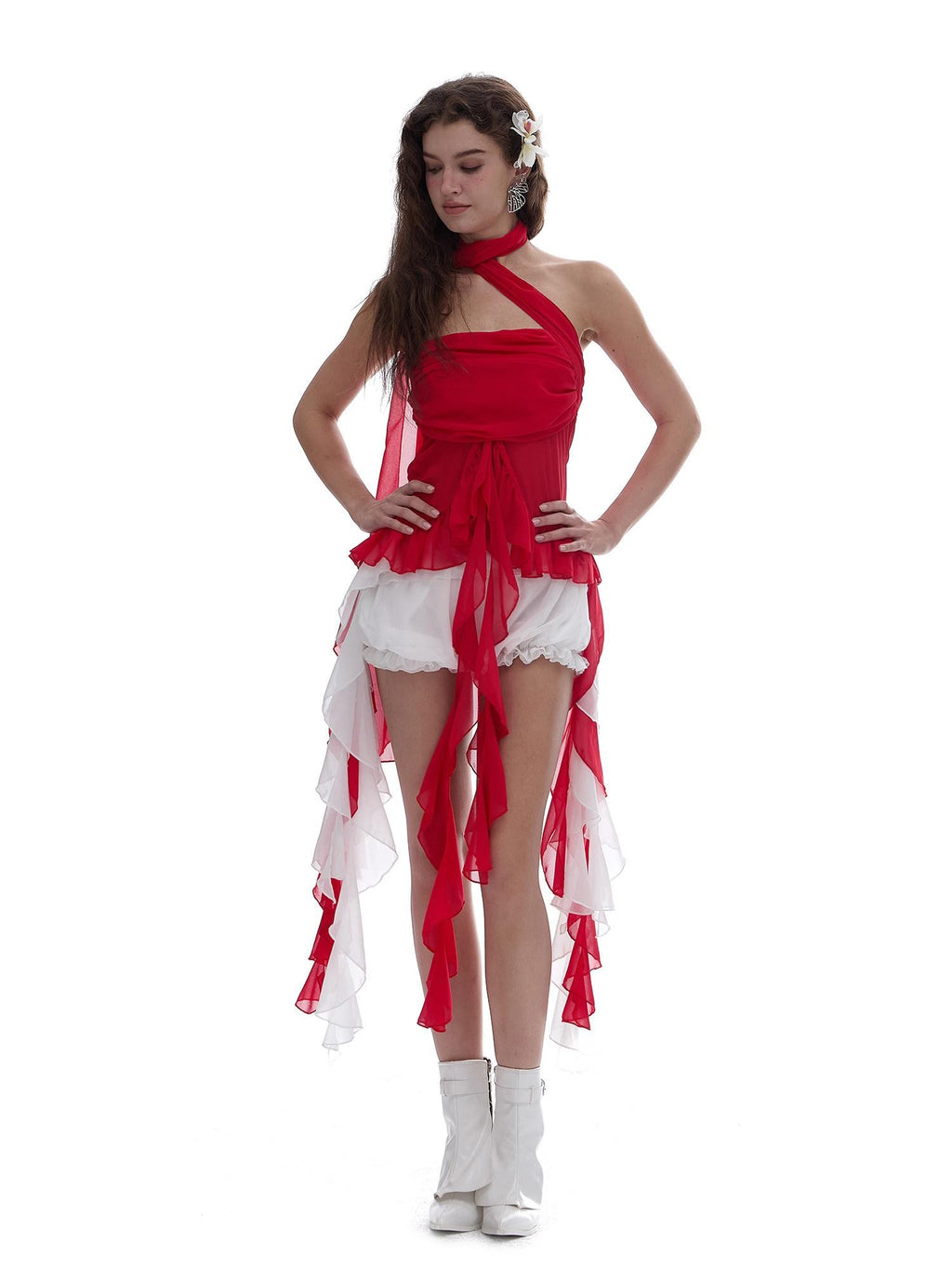 START THE ENGINE Red Mesh Ruffle Halter Ribbon Built In Pad Slim Fit Women's Polyester Tube Tops