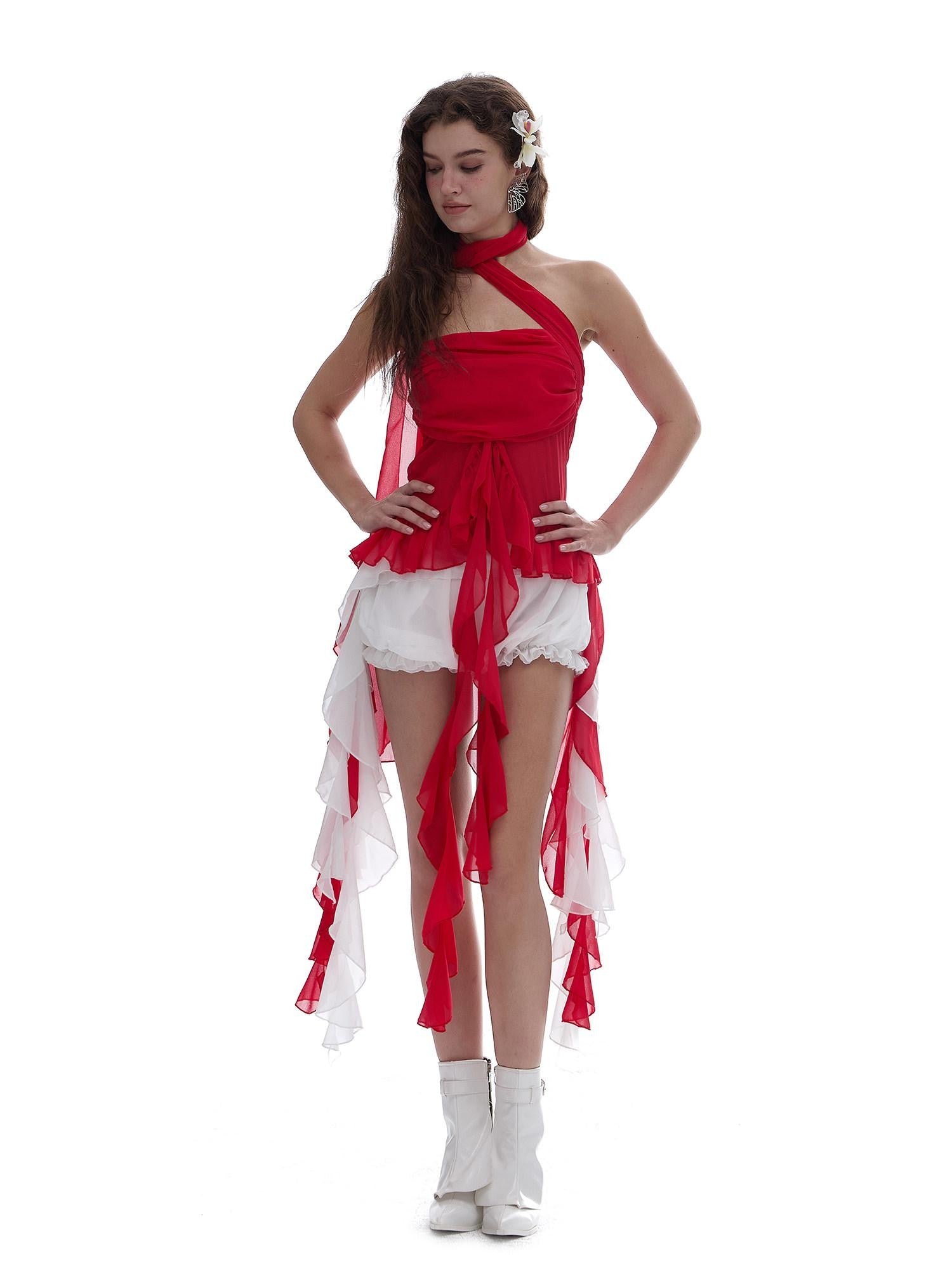 START THE ENGINE Red Mesh Ruffle Halter Ribbon Built In Pad Slim Fit Women's Polyester Tube Tops