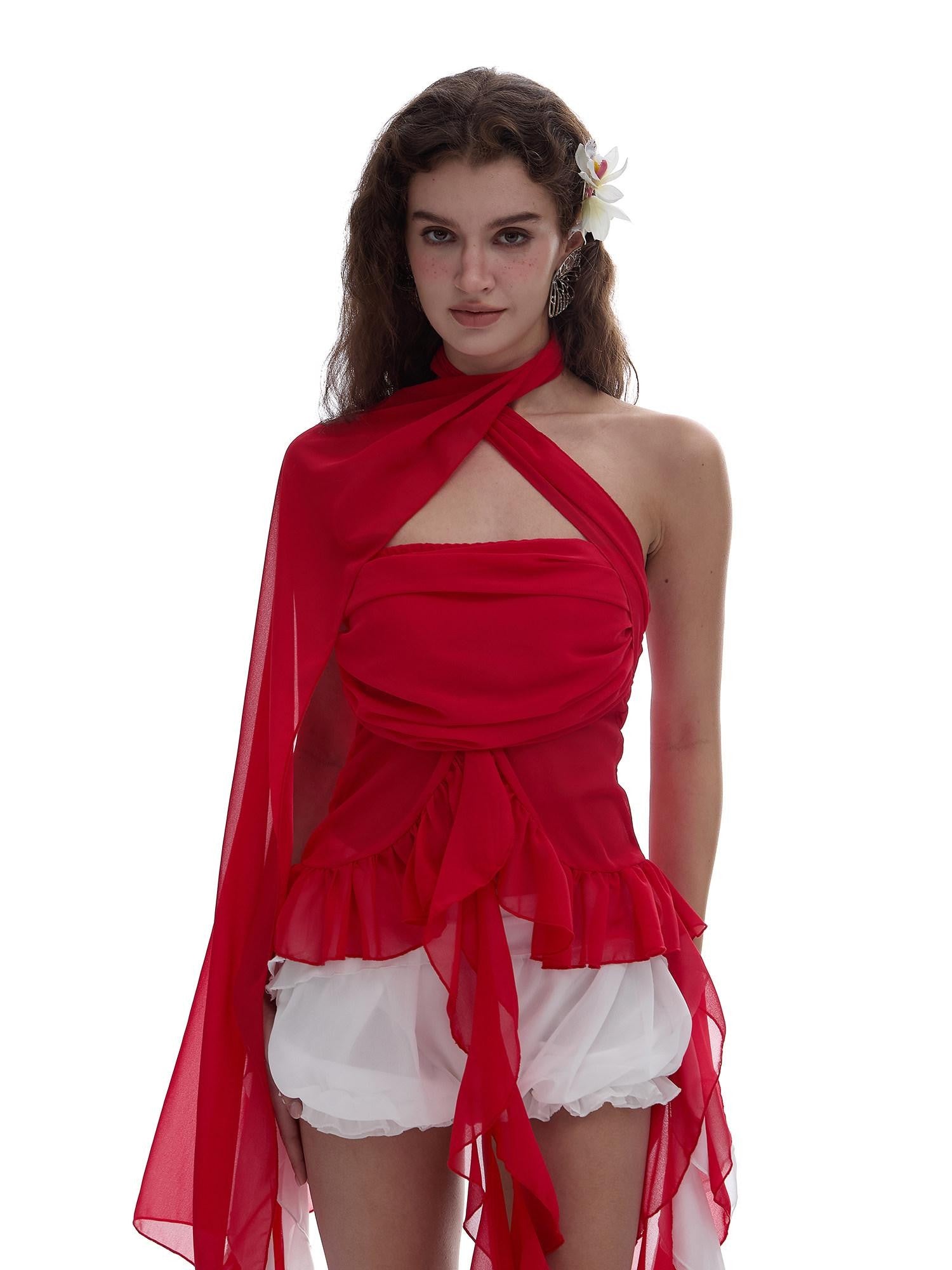 START THE ENGINE Red Mesh Ruffle Halter Ribbon Built In Pad Slim Fit Women's Polyester Tube Tops