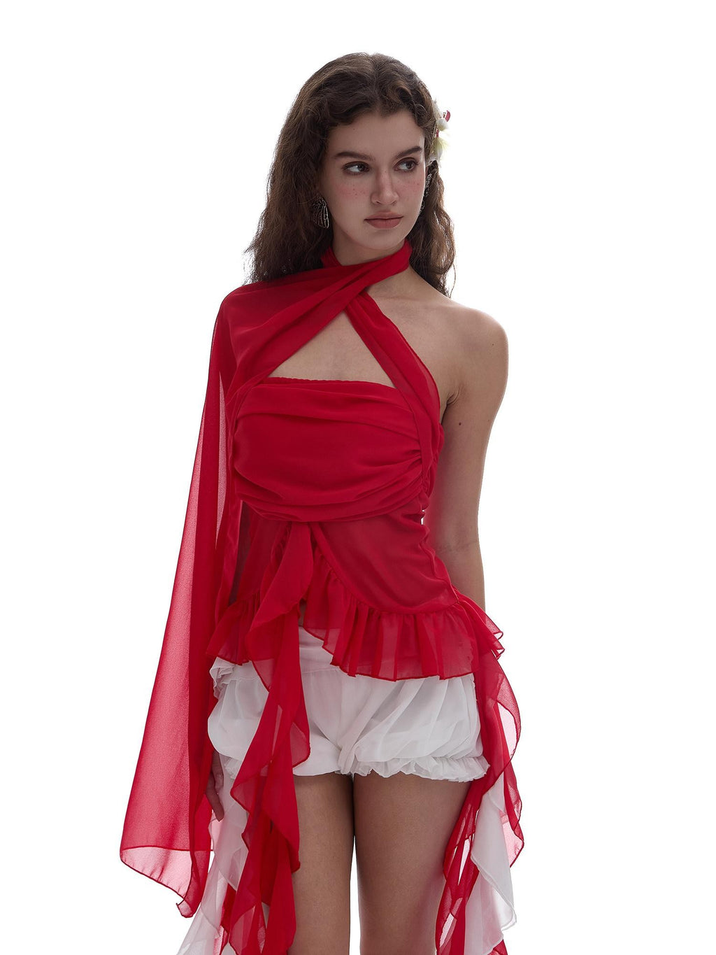 START THE ENGINE Red Mesh Ruffle Halter Ribbon Built In Pad Slim Fit Women's Polyester Tube Tops