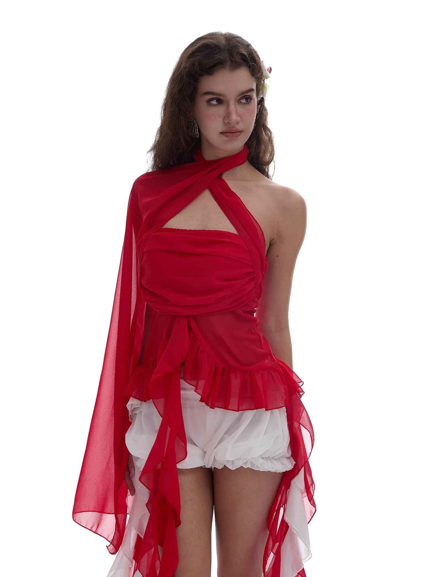START THE ENGINE Red Mesh Ruffle Halter Ribbon Built In Pad Slim Fit Women's Polyester Tube Tops