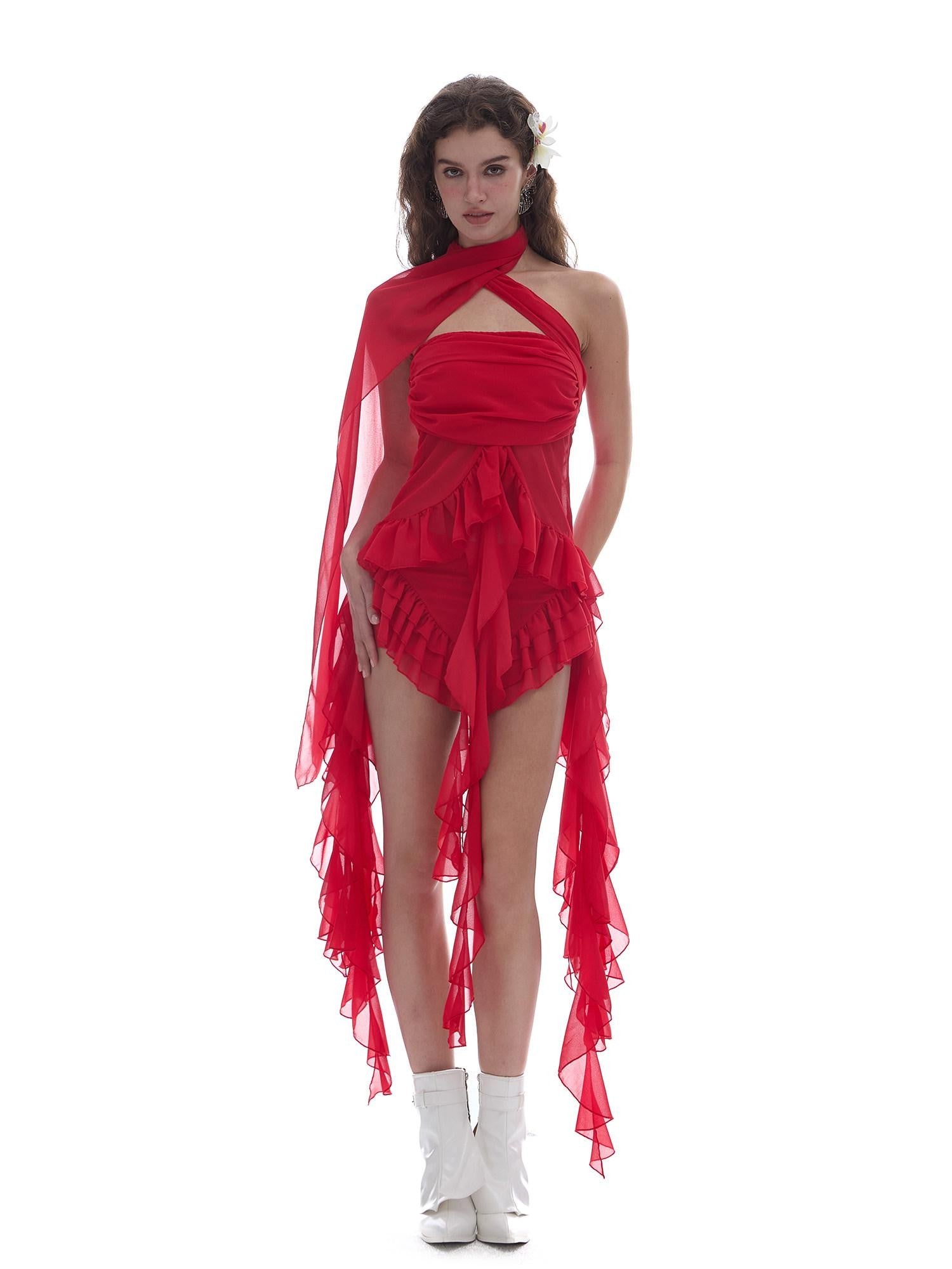 START THE ENGINE Red Mesh Ruffle Halter Ribbon Built In Pad Slim Fit Women's Polyester Tube Tops