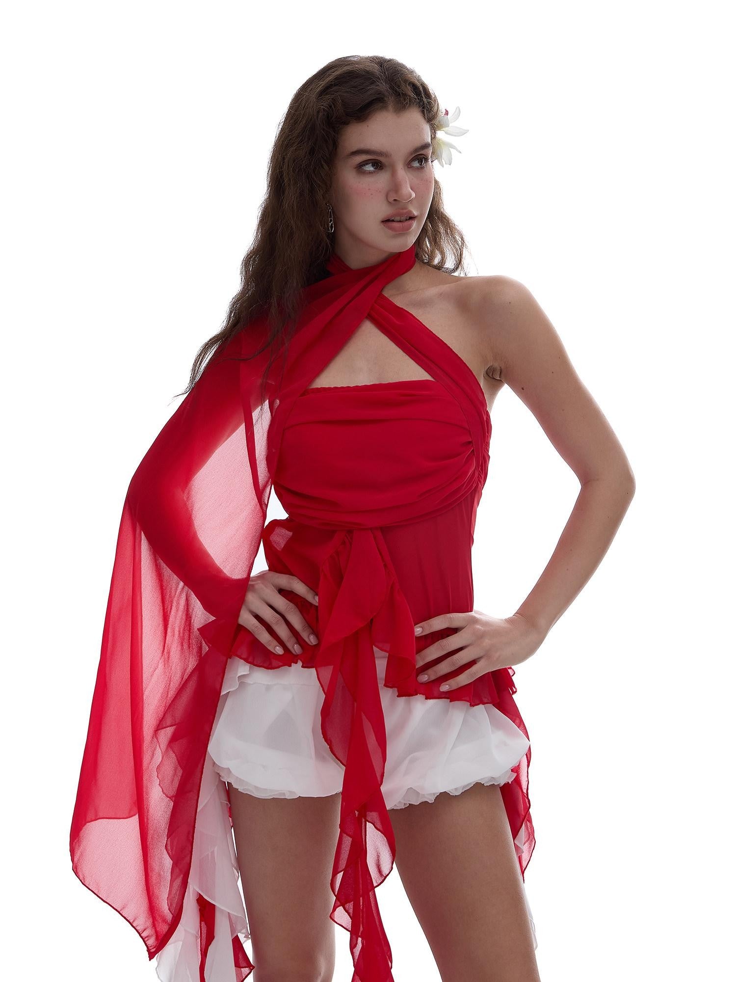START THE ENGINE Red Mesh Ruffle Halter Ribbon Built In Pad Slim Fit Women's Polyester Tube Tops