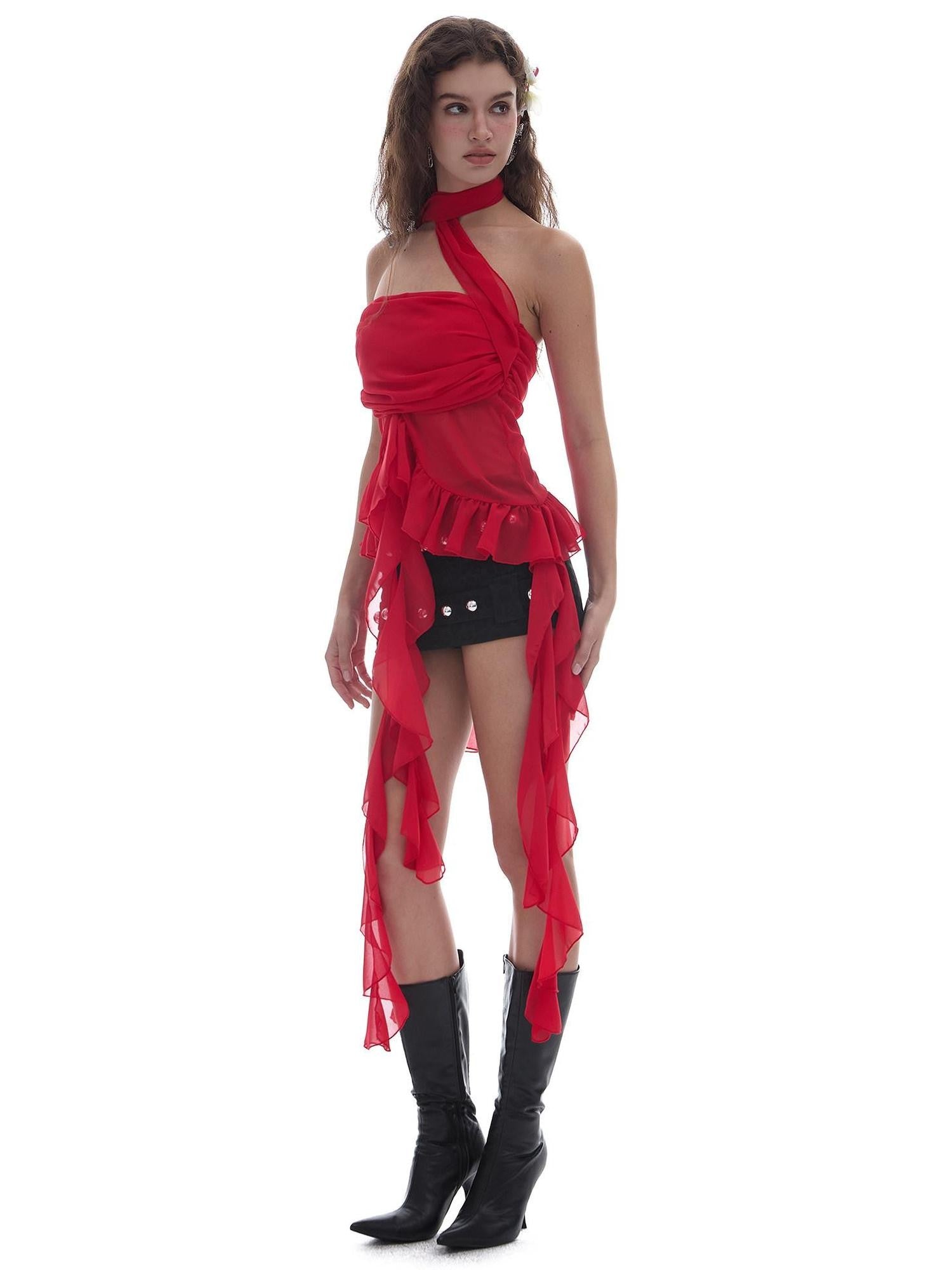 START THE ENGINE Red Mesh Ruffle Halter Ribbon Built In Pad Slim Fit Women's Polyester Tube Tops