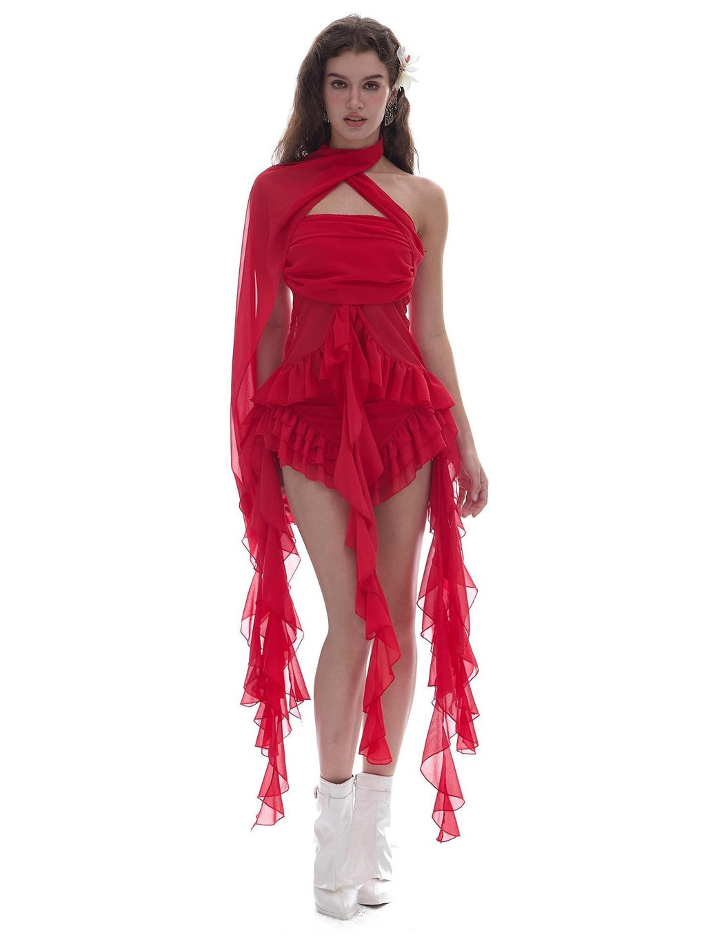 START THE ENGINE Red Mesh Ruffle Halter Ribbon Built In Pad Slim Fit Women's Polyester Tube Tops