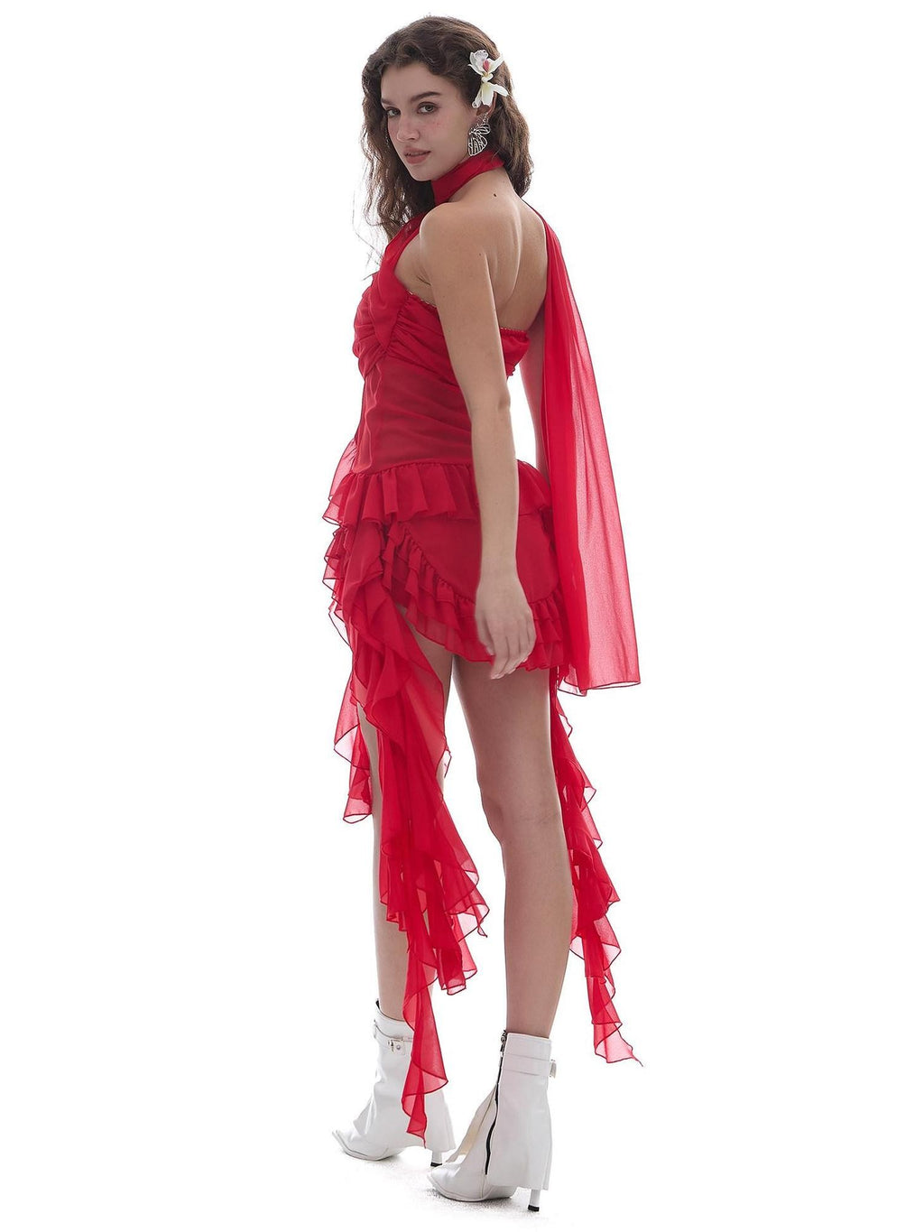 START THE ENGINE Red Mesh Ruffle Halter Ribbon Built In Pad Slim Fit Women's Polyester Tube Tops