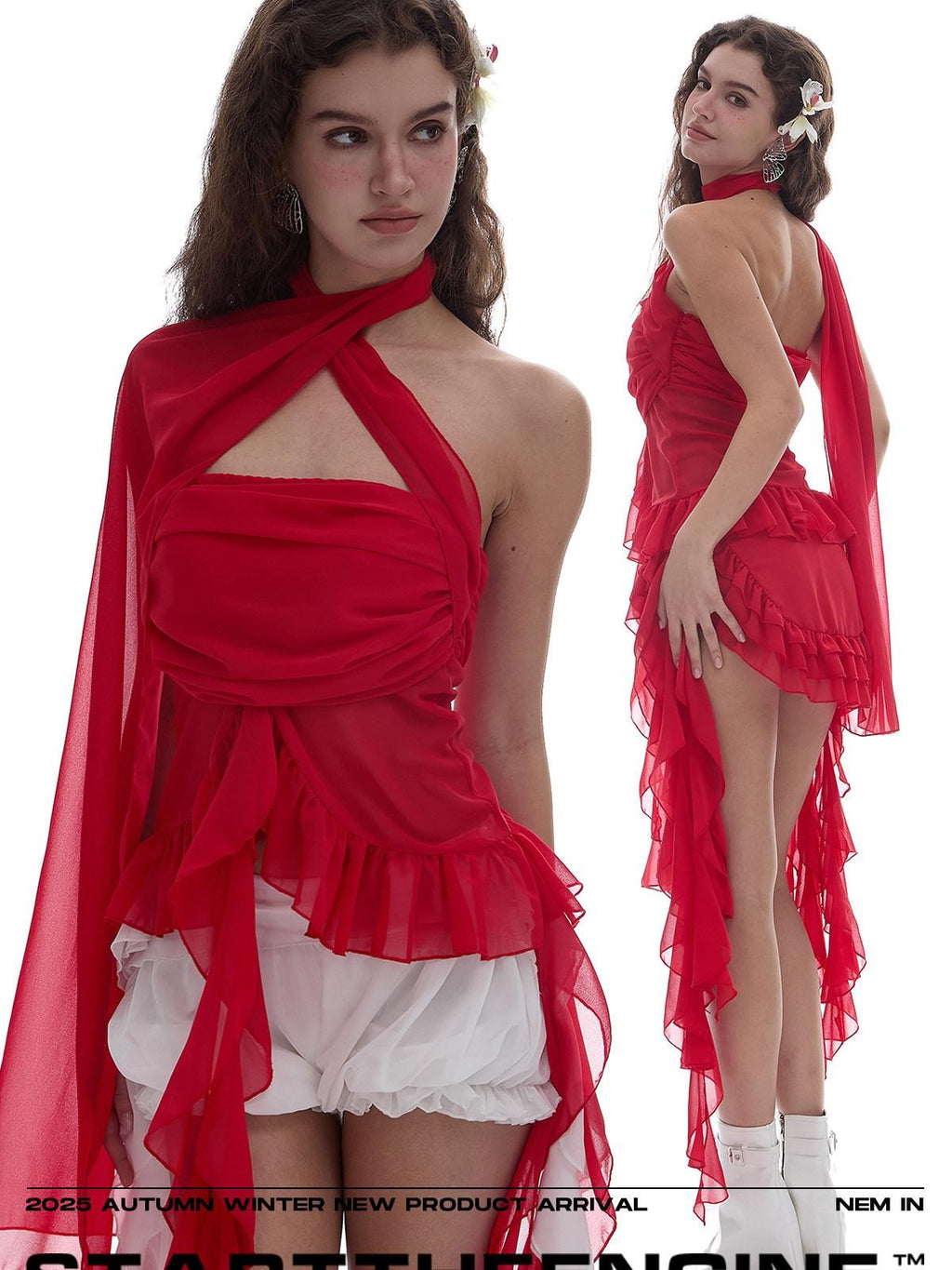 START THE ENGINE Red Mesh Ruffle Halter Ribbon Built In Pad Slim Fit Women's Polyester Tube Tops