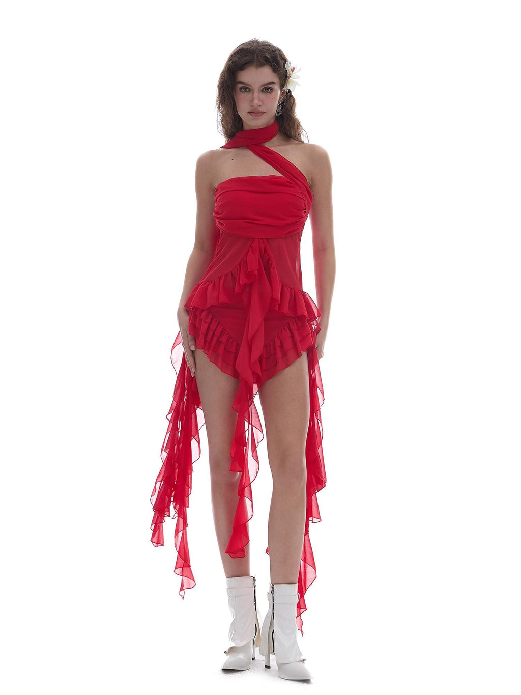 START THE ENGINE Red Mesh Ruffle Halter Ribbon Built In Pad Slim Fit Women's Polyester Tube Tops