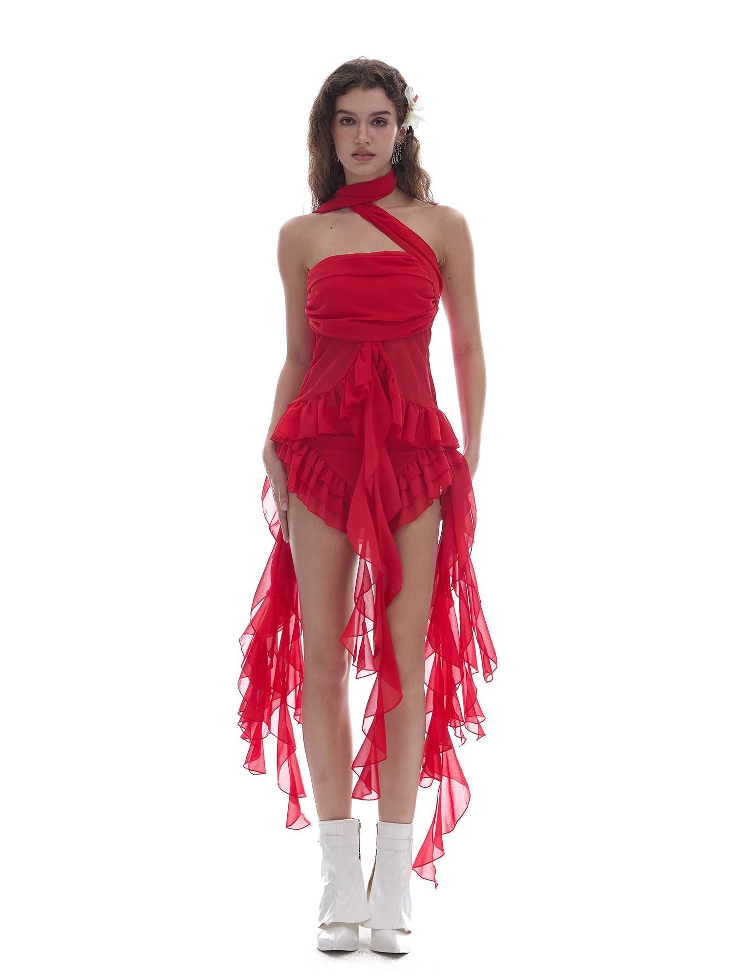 START THE ENGINE Red Mesh Ruffle Halter Ribbon Built In Pad Slim Fit Women's Polyester Tube Tops