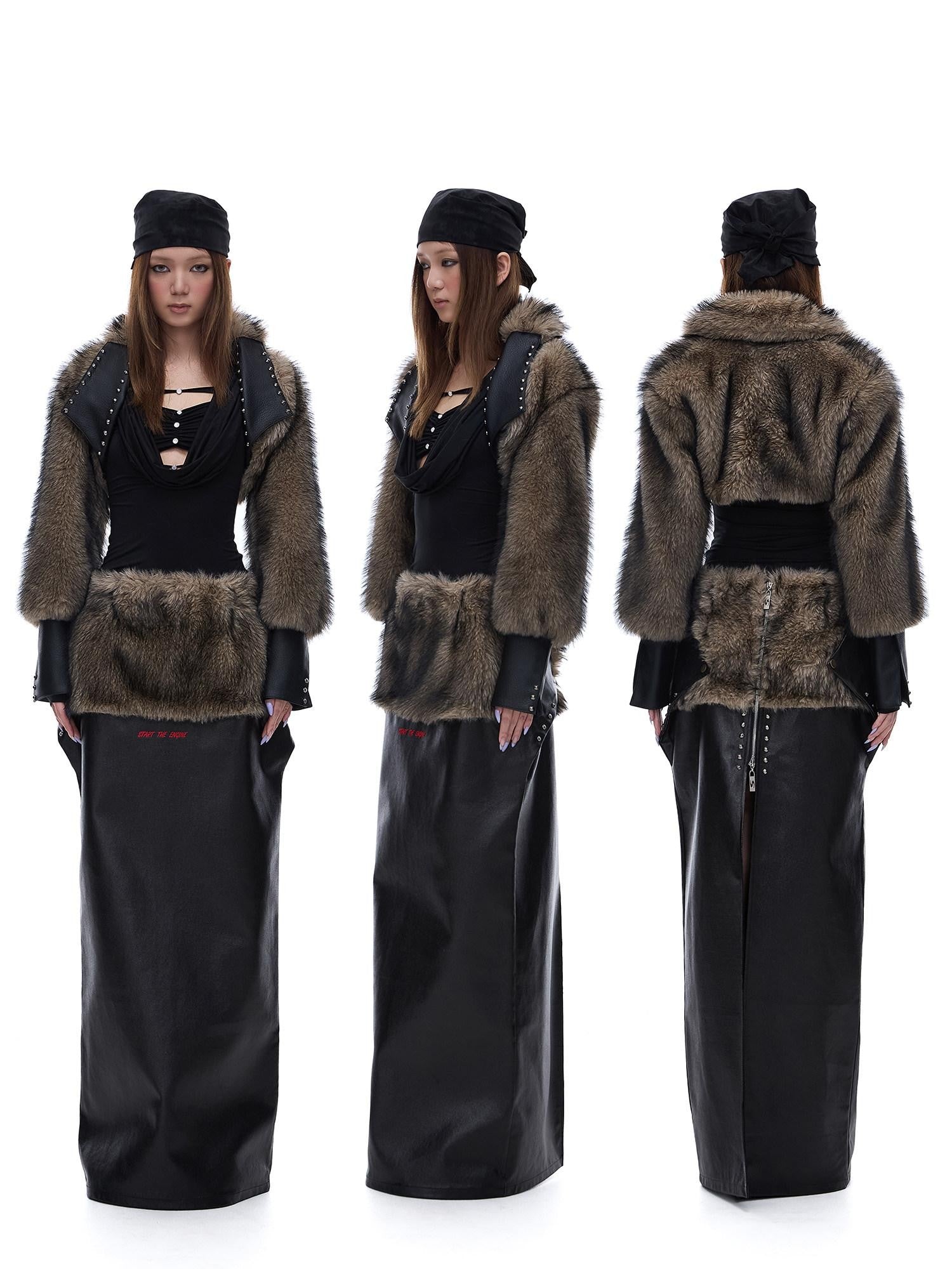 START THE ENGINE Reversible Windproof Front Slit Women's Pu A Line Low Waist Maxi Skirts