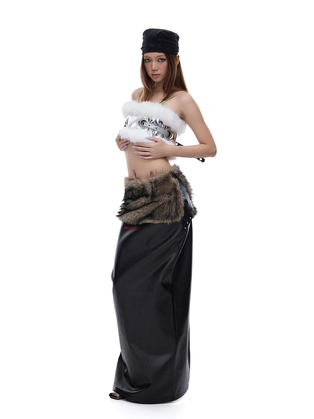 START THE ENGINE Reversible Windproof Front Slit Women's Pu A Line Low Waist Maxi Skirts