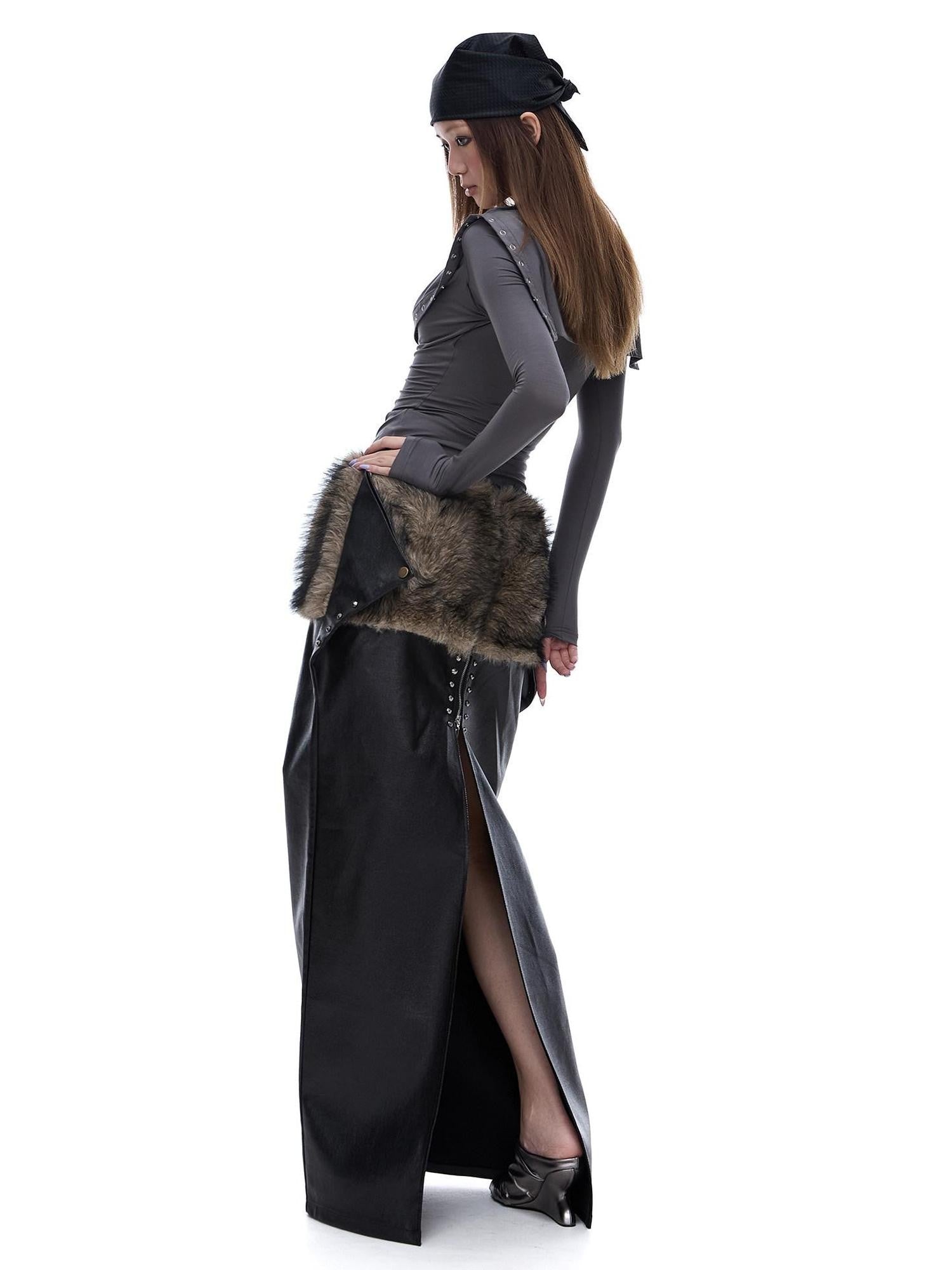 START THE ENGINE Reversible Windproof Front Slit Women's Pu A Line Low Waist Maxi Skirts