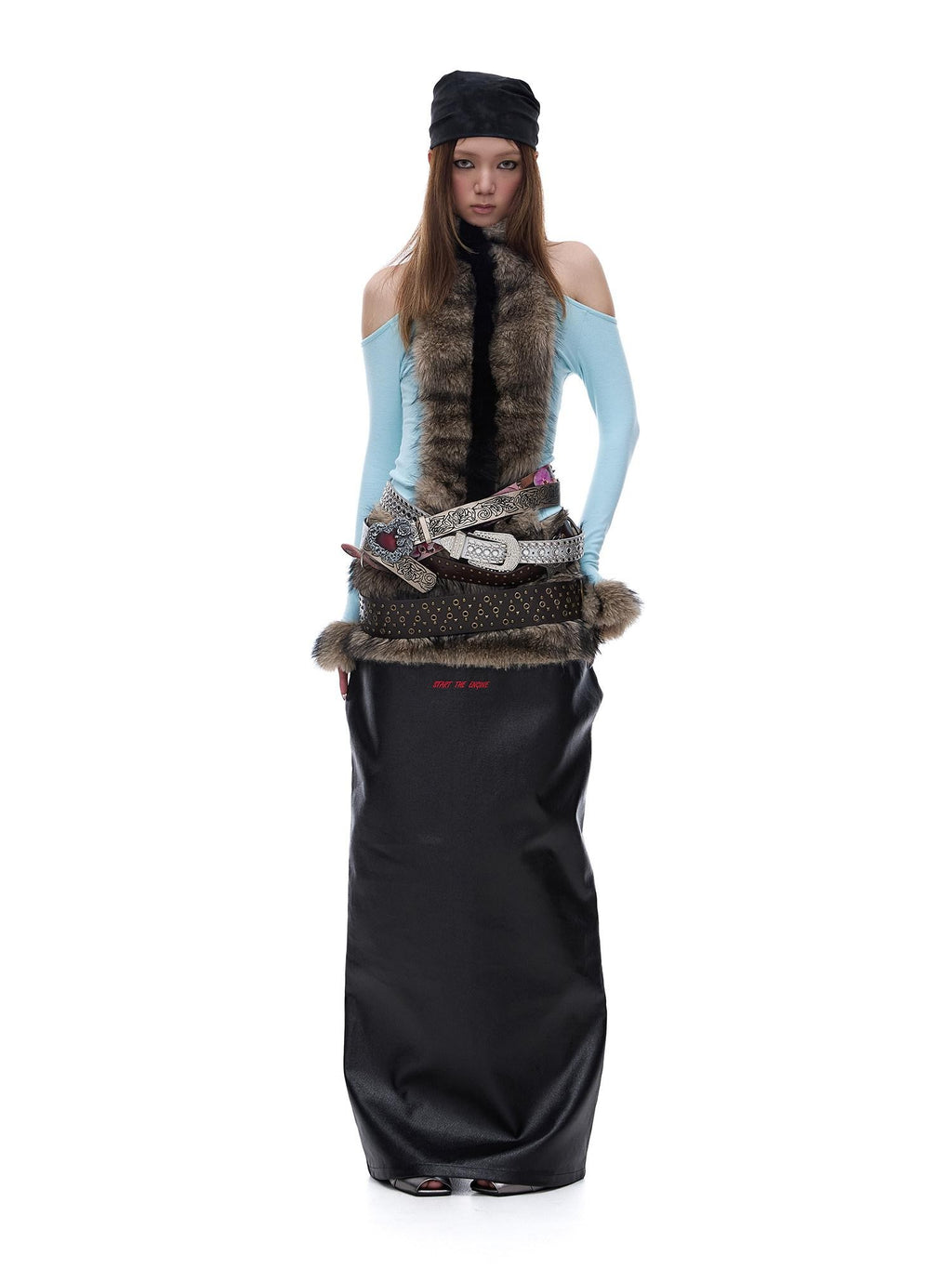 START THE ENGINE Reversible Windproof Front Slit Women's Pu A Line Low Waist Maxi Skirts