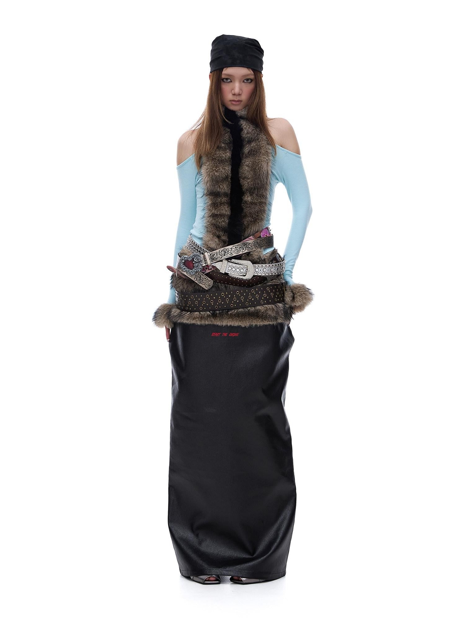 START THE ENGINE Reversible Windproof Front Slit Women's Pu A Line Low Waist Maxi Skirts