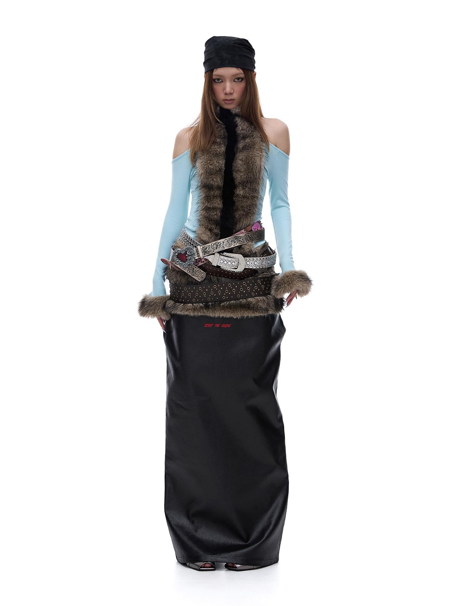START THE ENGINE Reversible Windproof Front Slit Women's Pu A Line Low Waist Maxi Skirts