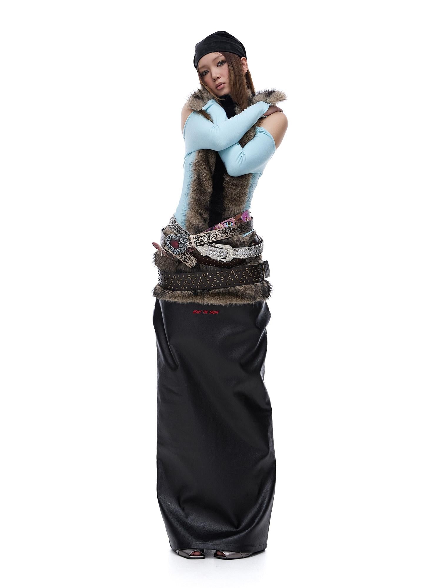 START THE ENGINE Reversible Windproof Front Slit Women's Pu A Line Low Waist Maxi Skirts