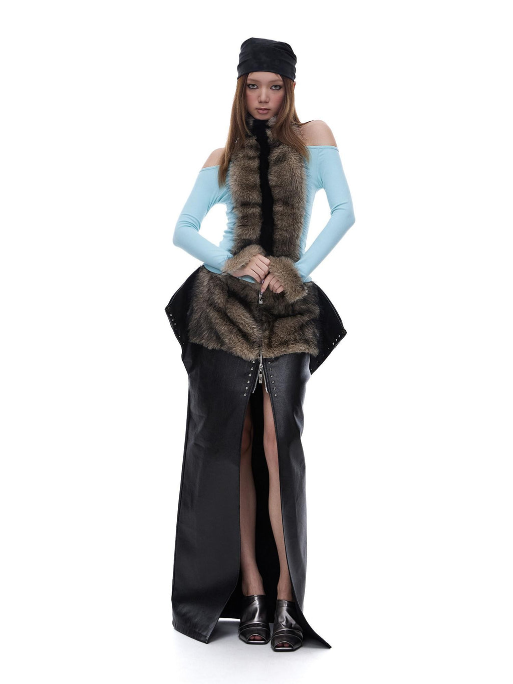START THE ENGINE Reversible Windproof Front Slit Women's Pu A Line Low Waist Maxi Skirts