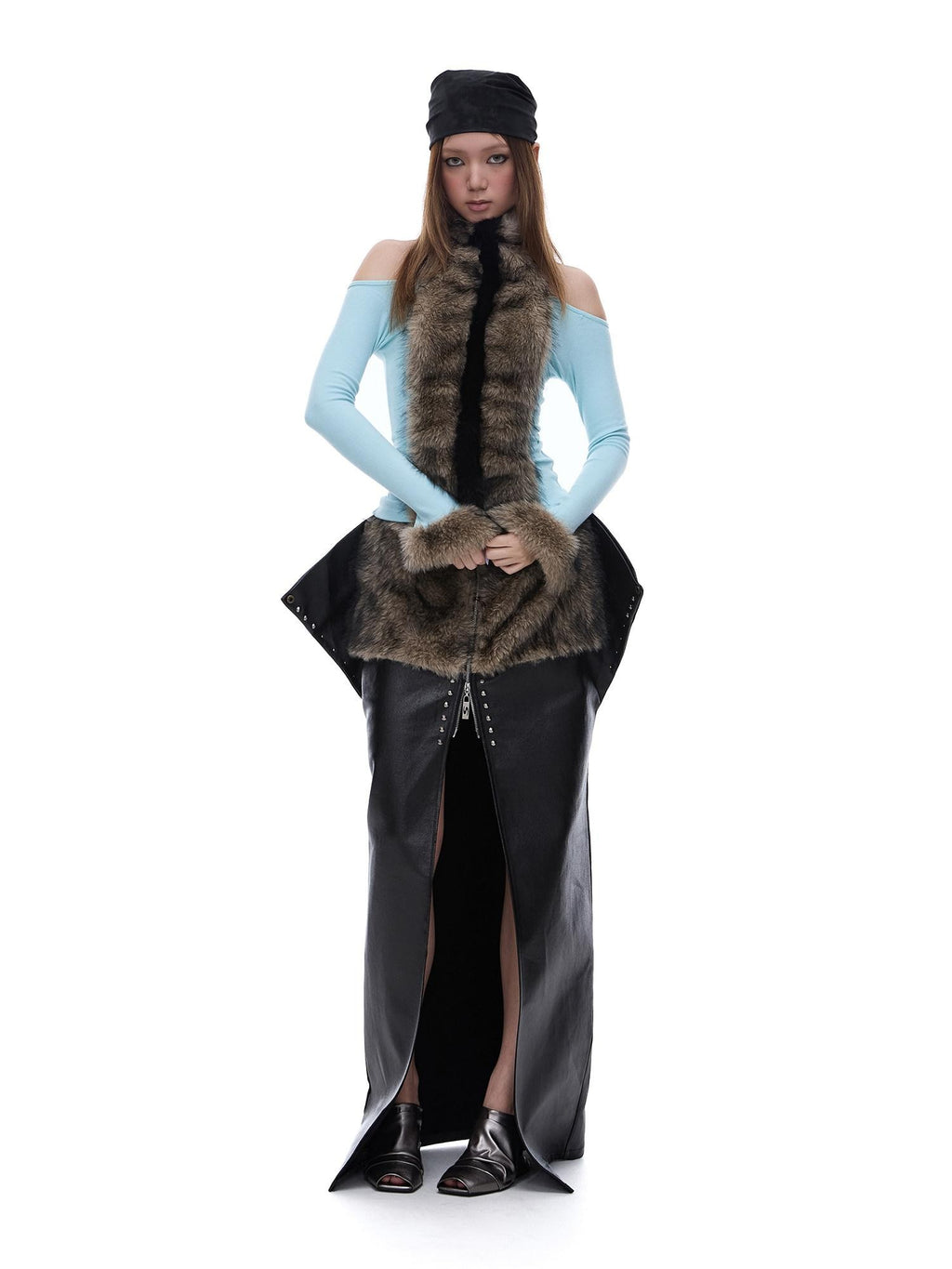 START THE ENGINE Reversible Windproof Front Slit Women's Pu A Line Low Waist Maxi Skirts
