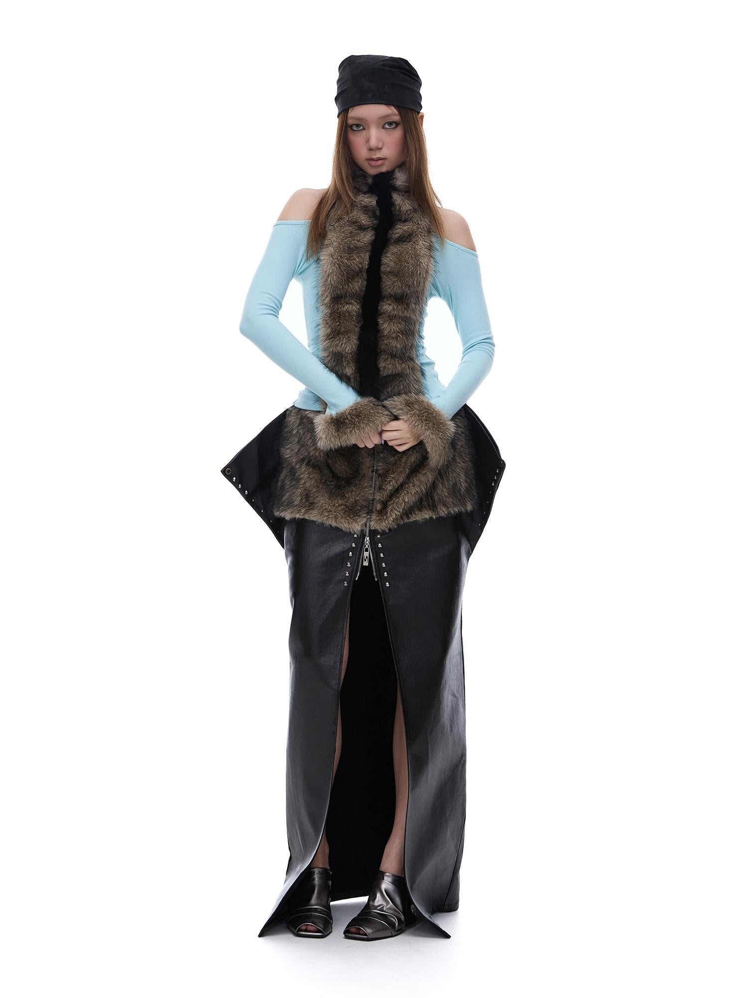 START THE ENGINE Reversible Windproof Front Slit Women's Pu A Line Low Waist Maxi Skirts
