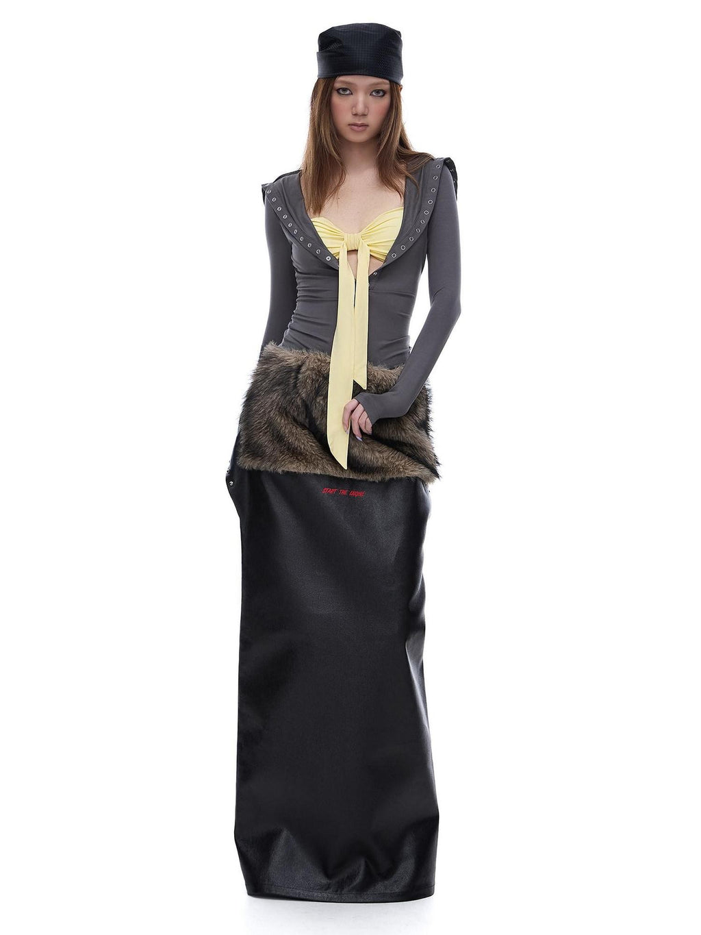START THE ENGINE Reversible Windproof Front Slit Women's Pu A Line Low Waist Maxi Skirts