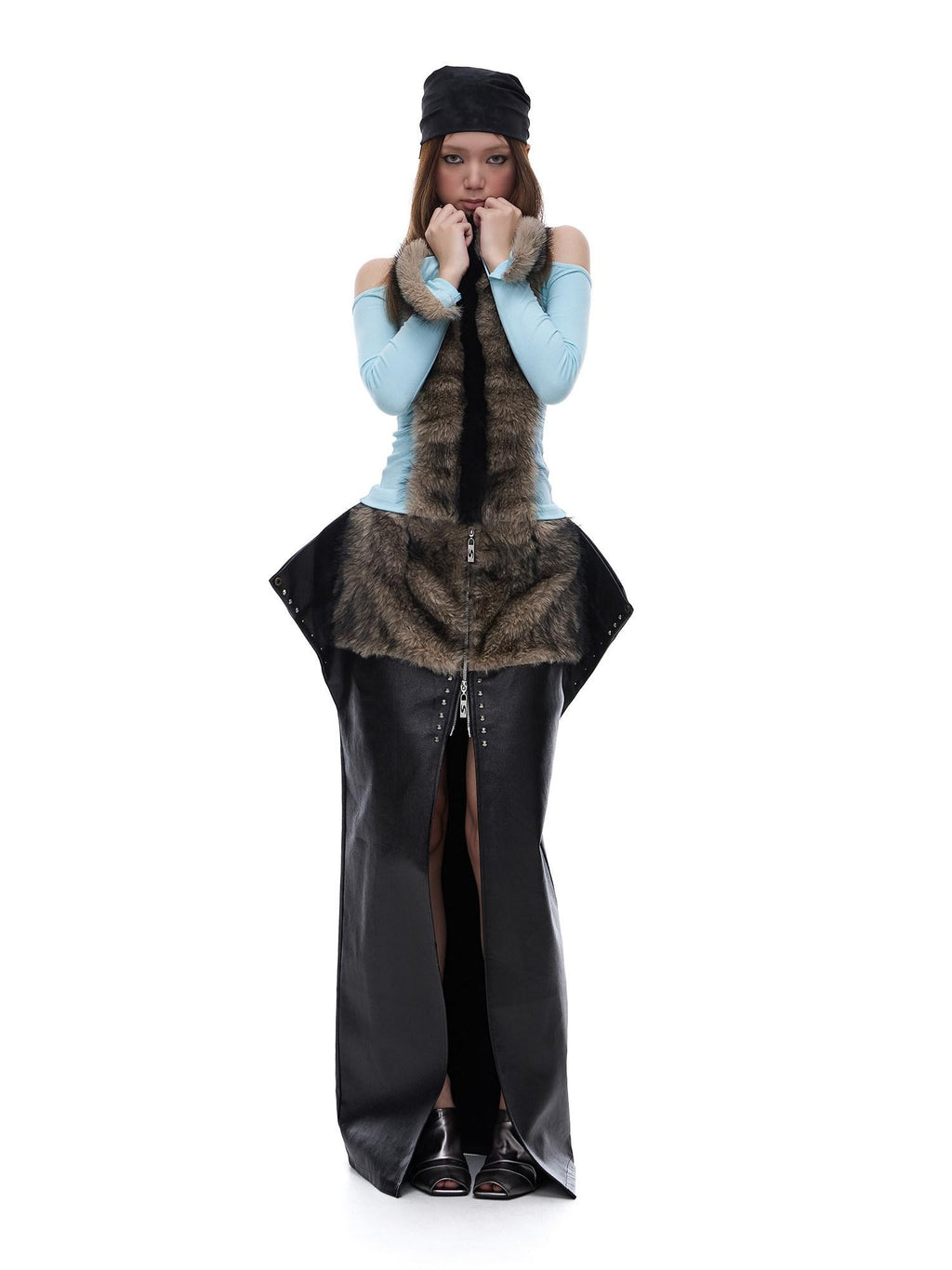 START THE ENGINE Reversible Windproof Front Slit Women's Pu A Line Low Waist Maxi Skirts