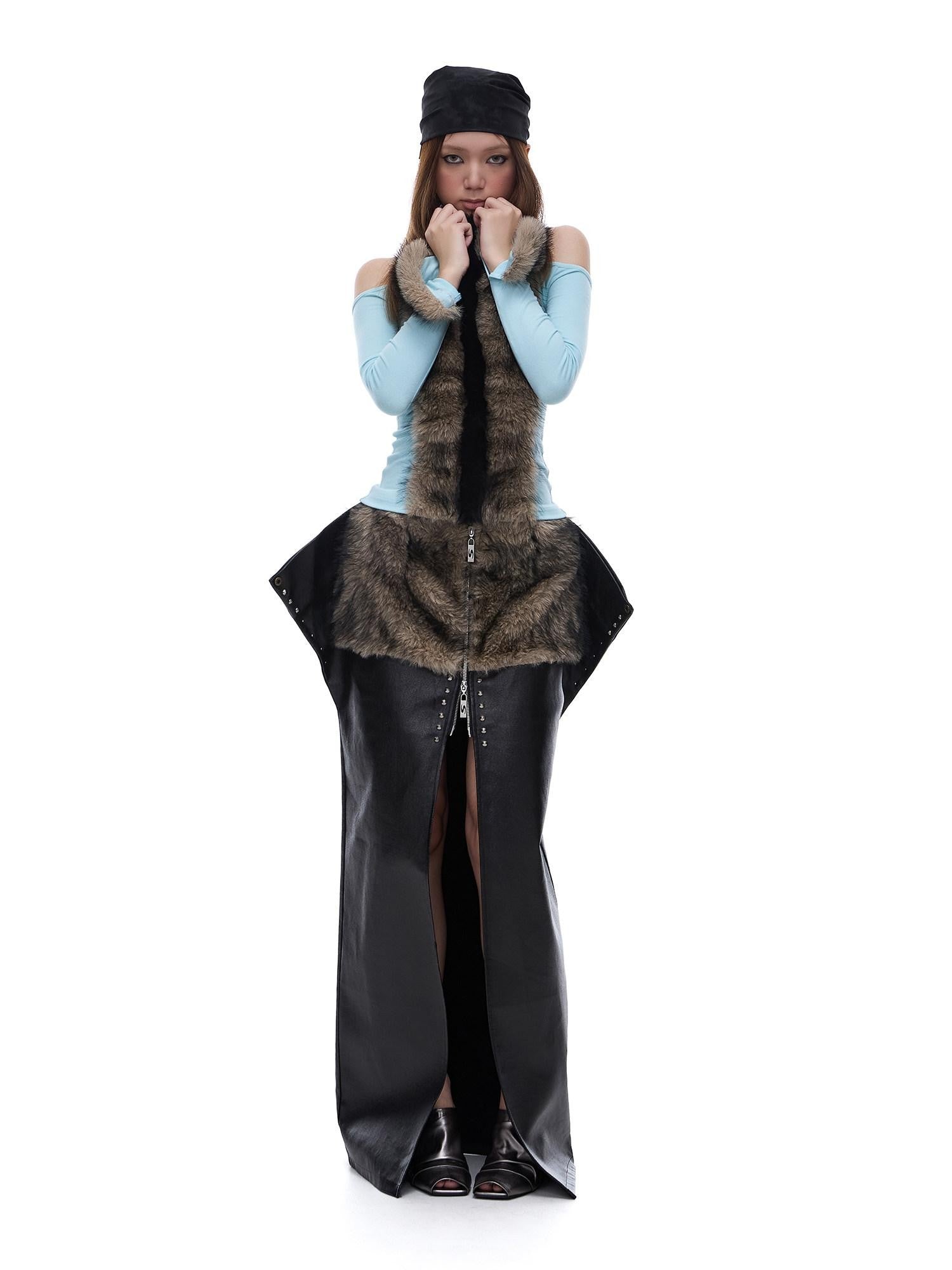 START THE ENGINE Reversible Windproof Front Slit Women's Pu A Line Low Waist Maxi Skirts