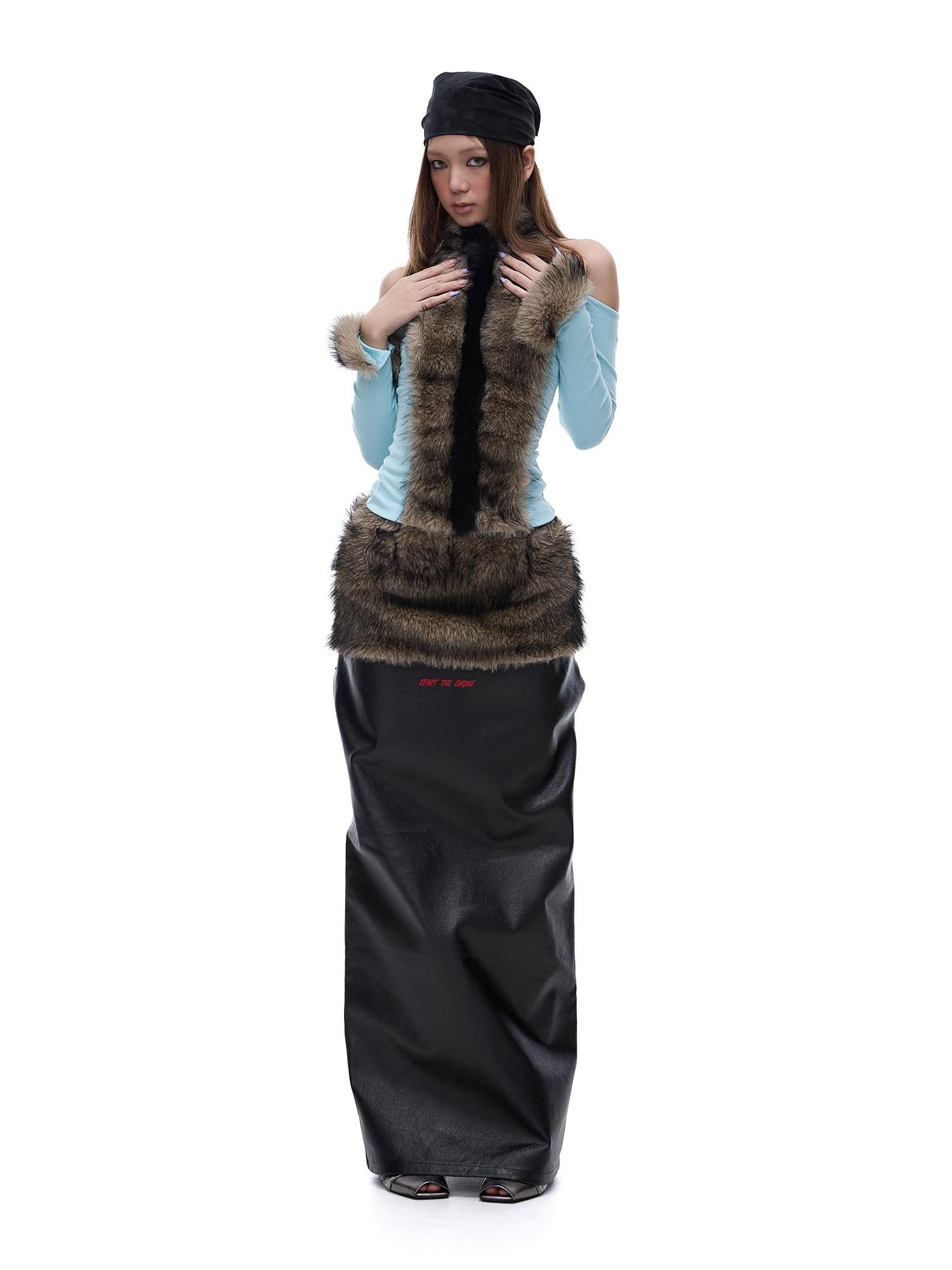 START THE ENGINE Reversible Windproof Front Slit Women's Pu A Line Low Waist Maxi Skirts