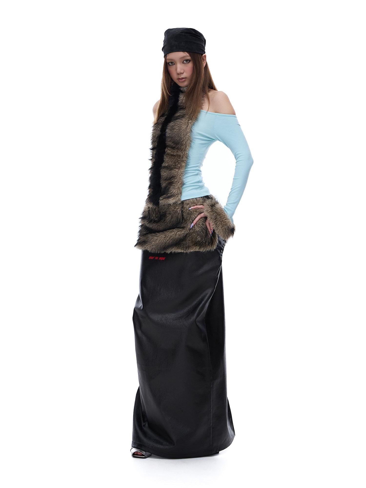 START THE ENGINE Reversible Windproof Front Slit Women's Pu A Line Low Waist Maxi Skirts