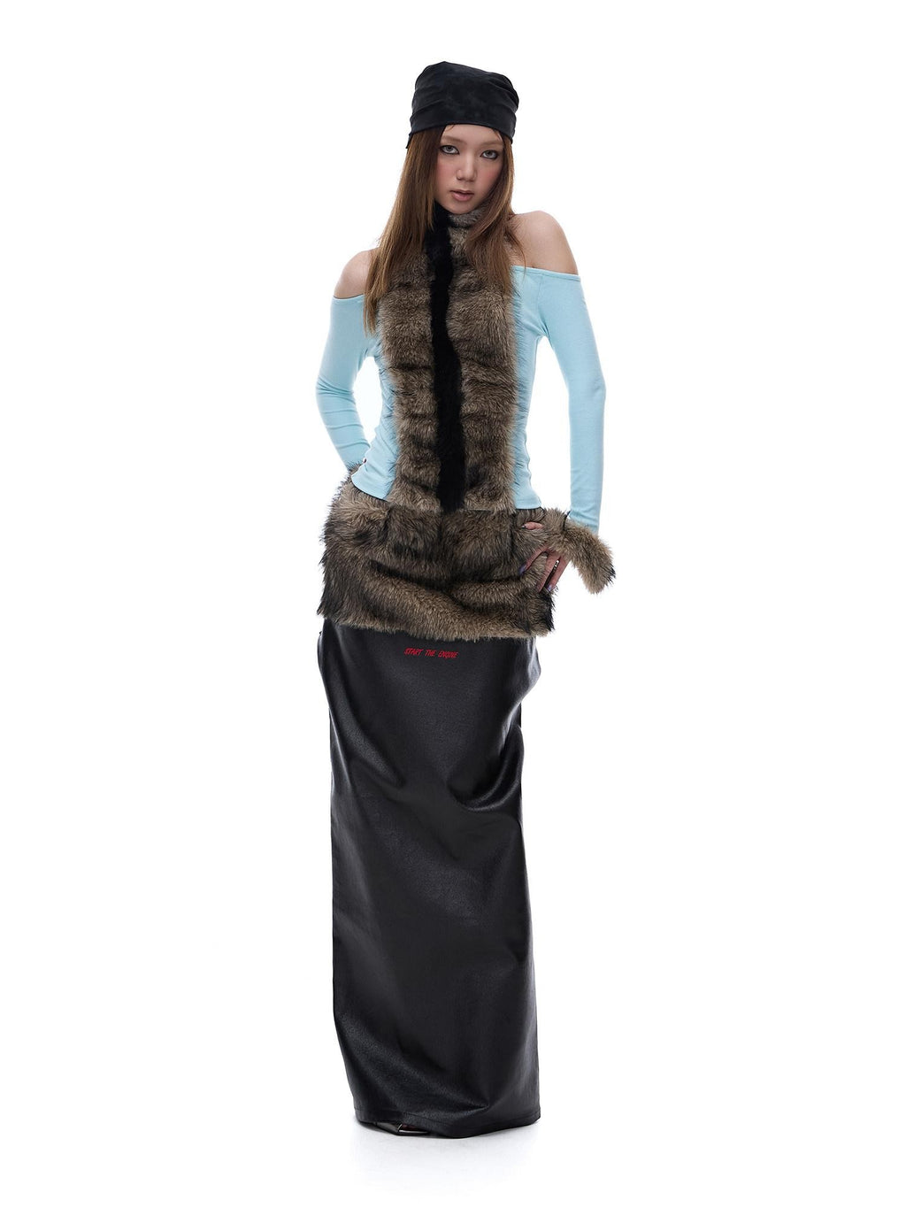 START THE ENGINE Reversible Windproof Front Slit Women's Pu A Line Low Waist Maxi Skirts