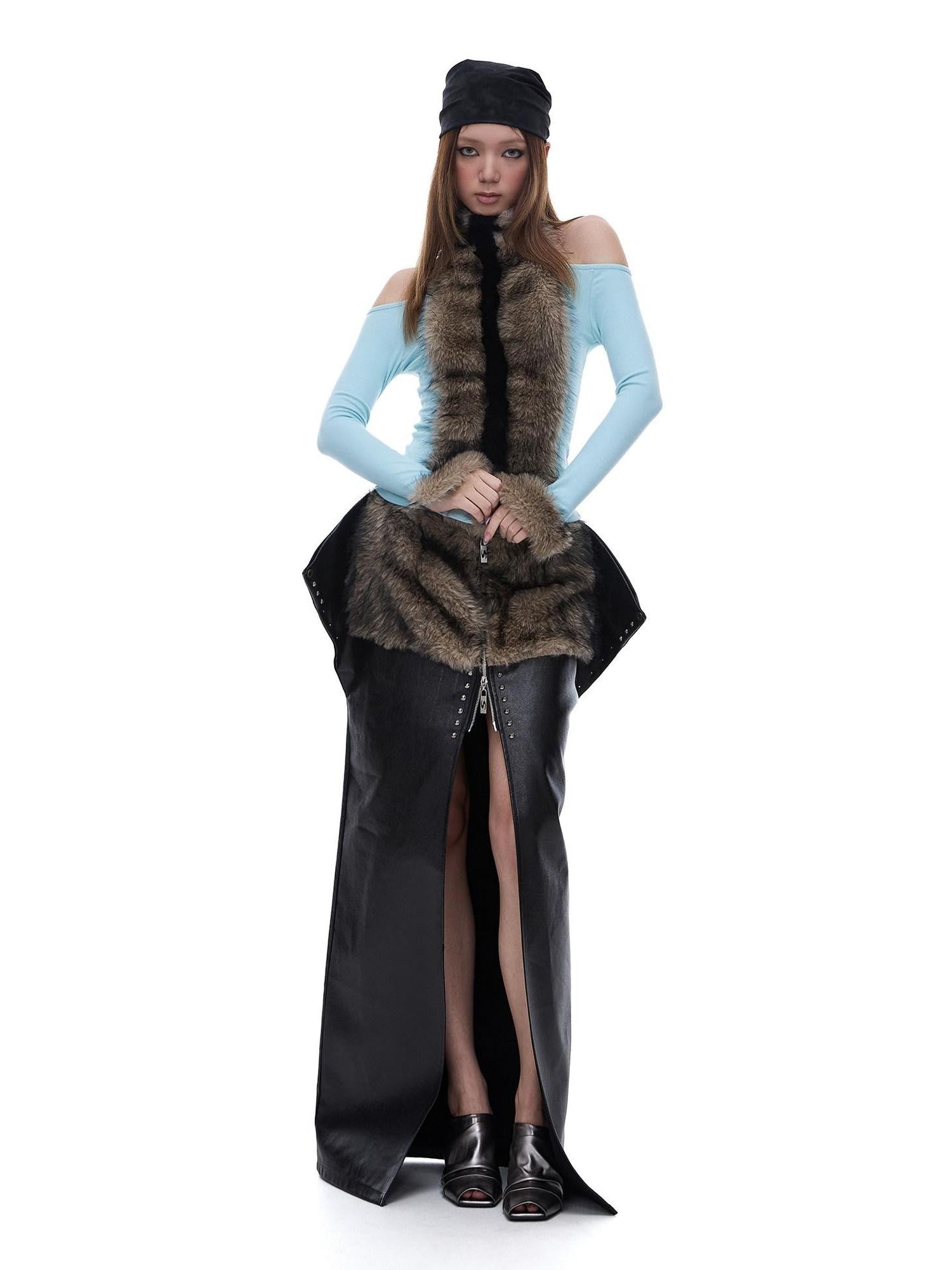 START THE ENGINE Reversible Windproof Front Slit Women's Pu A Line Low Waist Maxi Skirts
