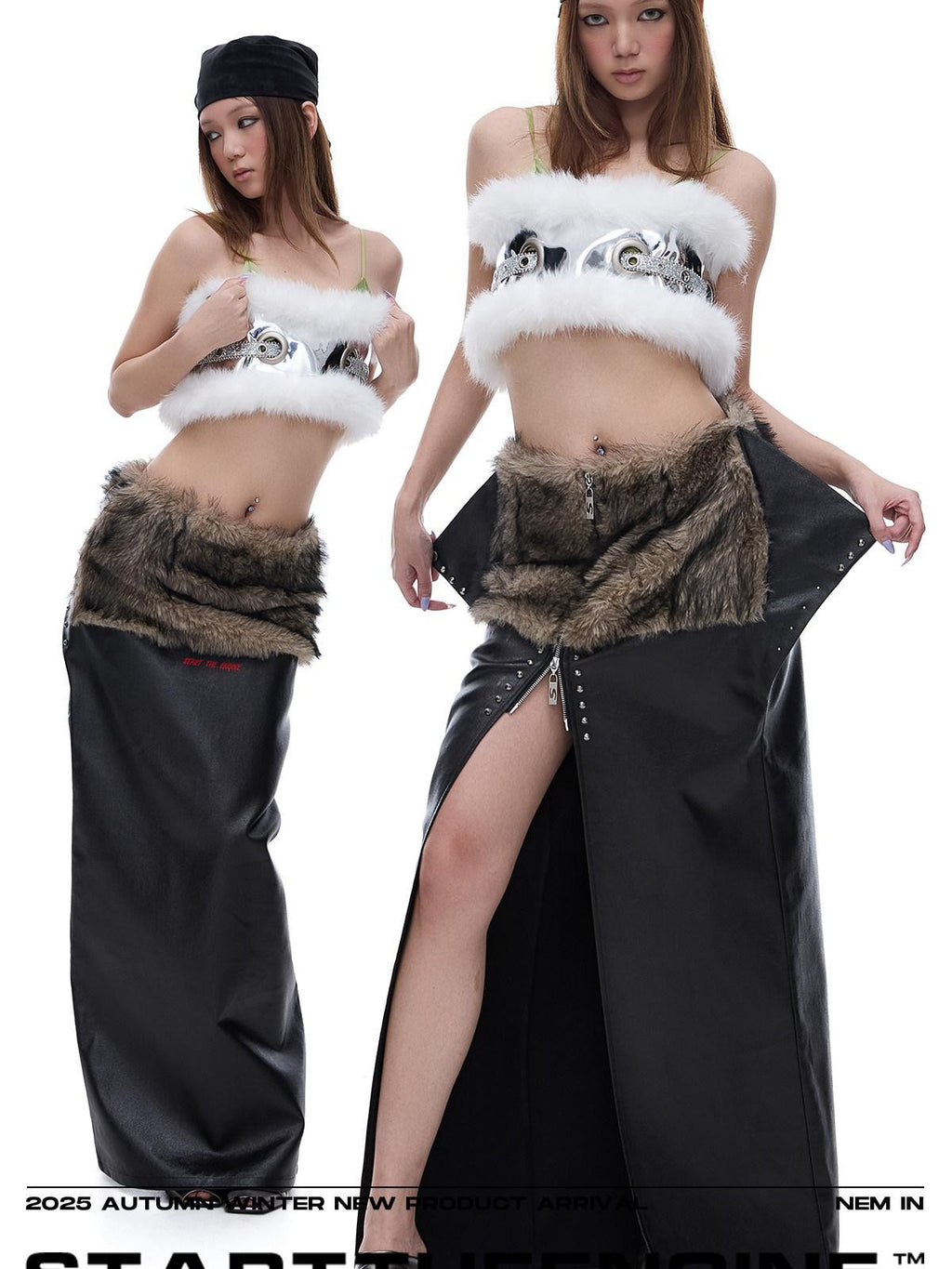 START THE ENGINE Reversible Windproof Front Slit Women's Pu A Line Low Waist Maxi Skirts