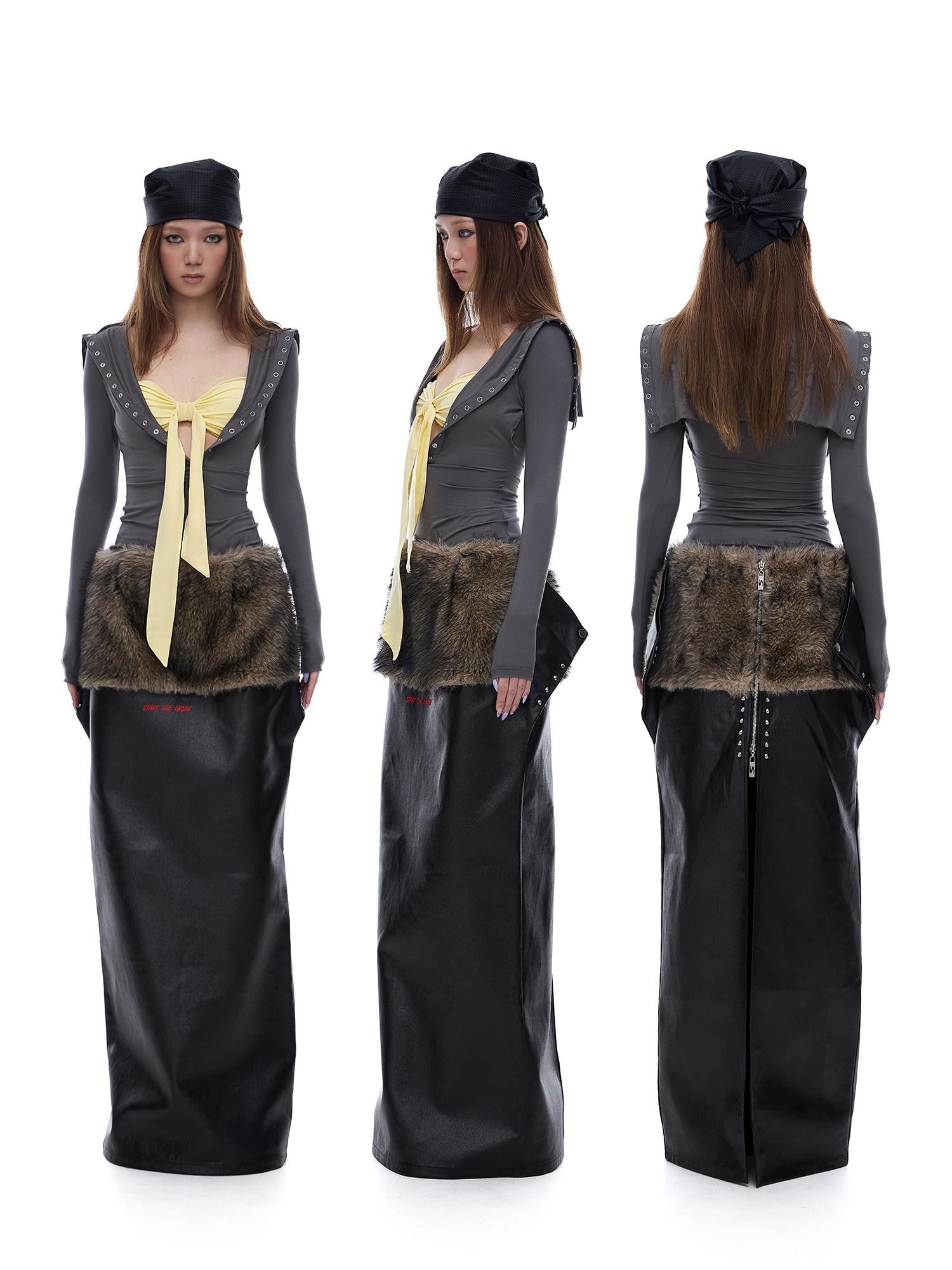 START THE ENGINE Reversible Windproof Front Slit Women's Pu A Line Low Waist Maxi Skirts