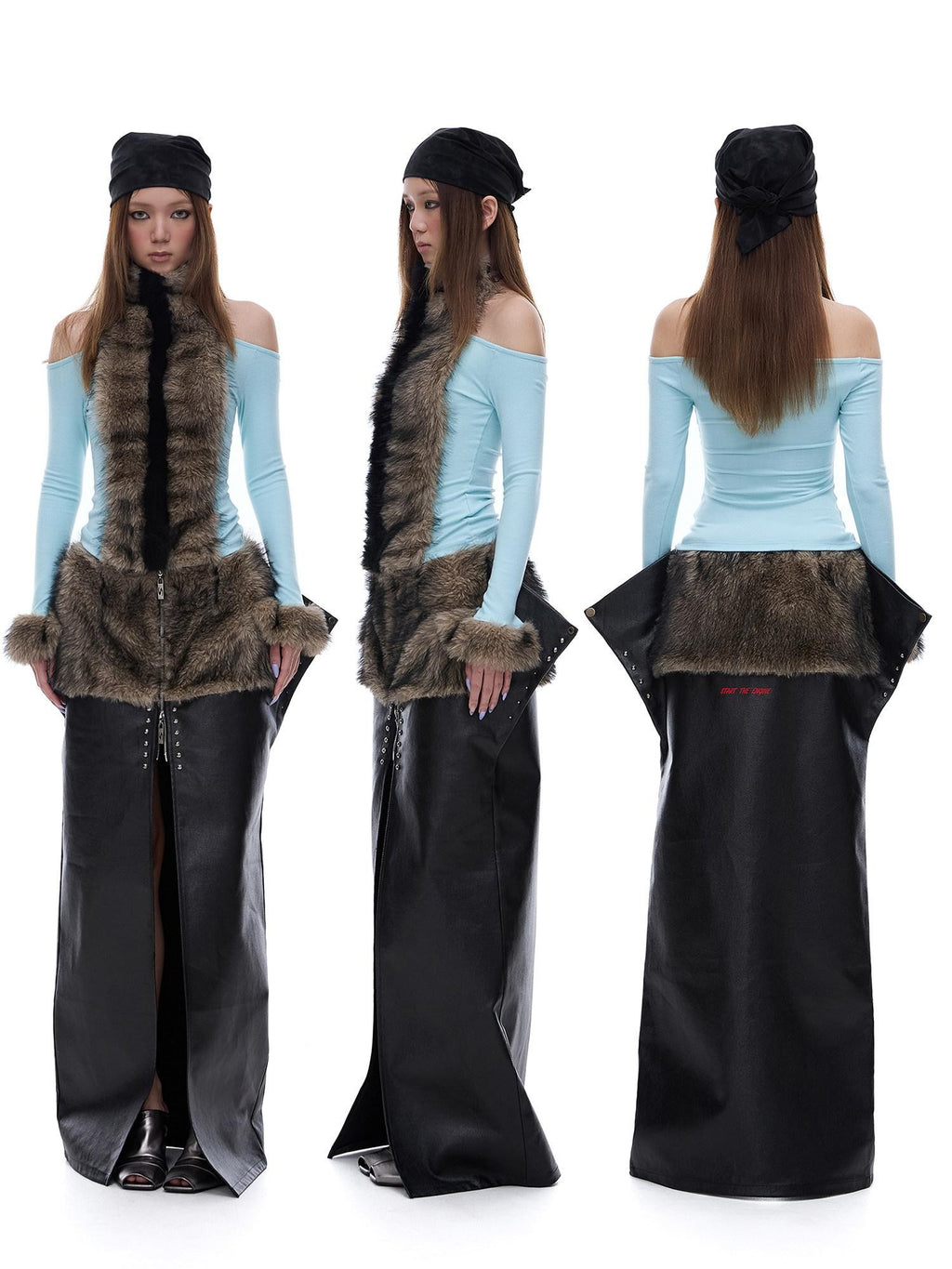 START THE ENGINE Reversible Windproof Front Slit Women's Pu A Line Low Waist Maxi Skirts