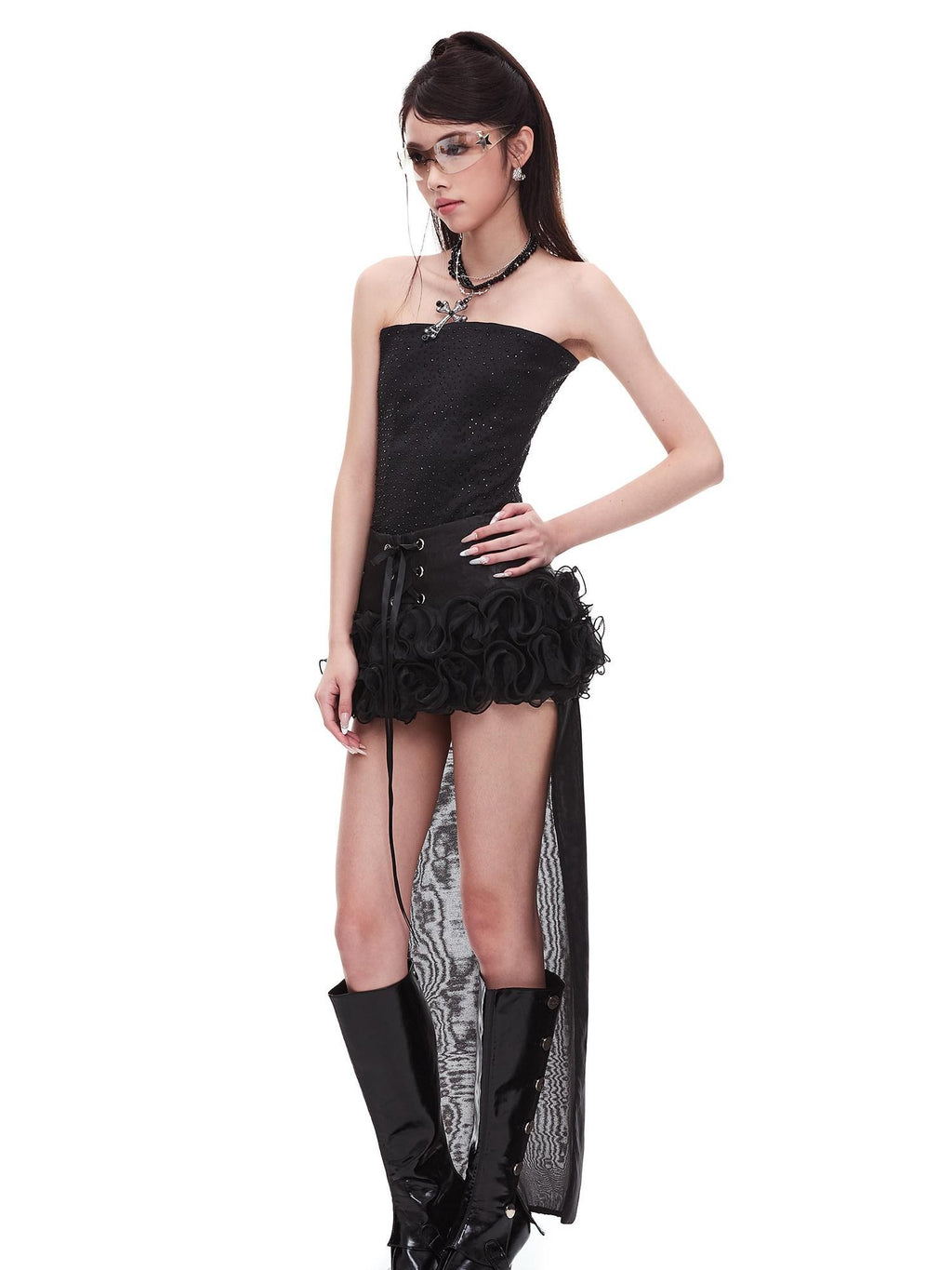 START THE ENGINE Rhinestone Fishbone One Shoulder Zipper Bodycon Women's Polyester Tube Tops