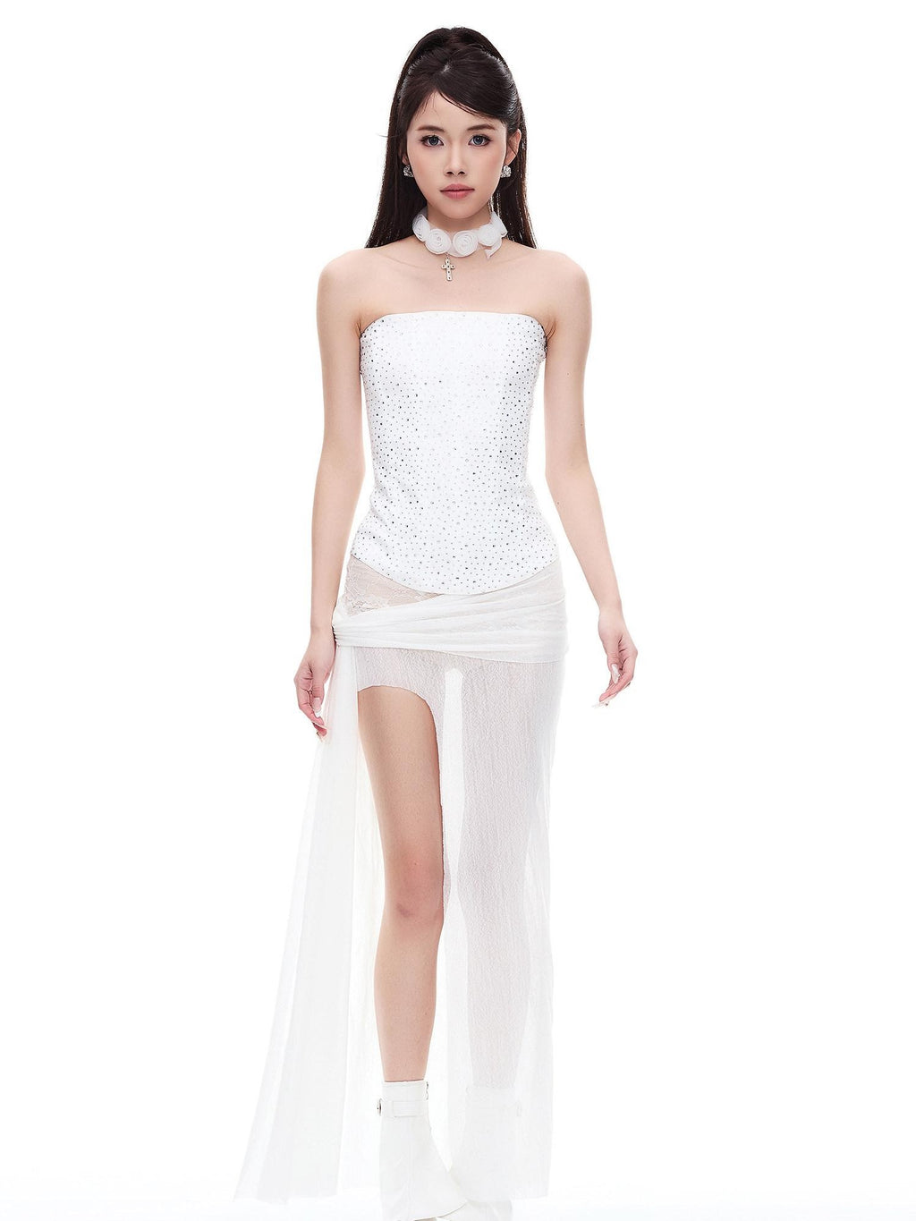 START THE ENGINE Rhinestone Fishbone One Shoulder Zipper Bodycon Women's Polyester Tube Tops