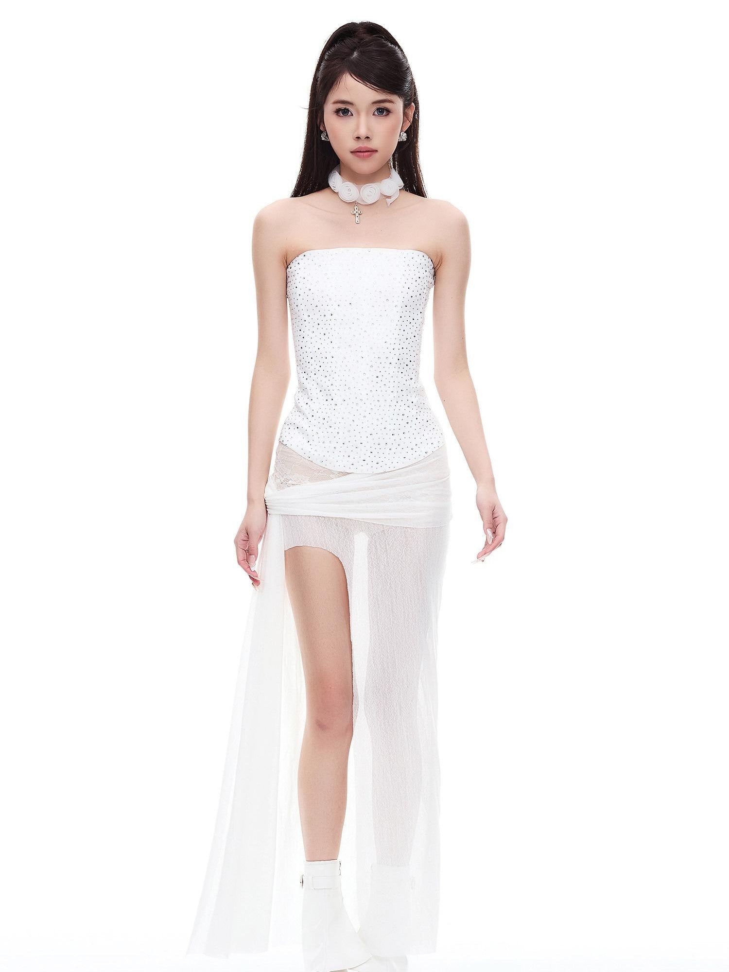 START THE ENGINE Rhinestone Fishbone One Shoulder Zipper Bodycon Women's Polyester Tube Tops