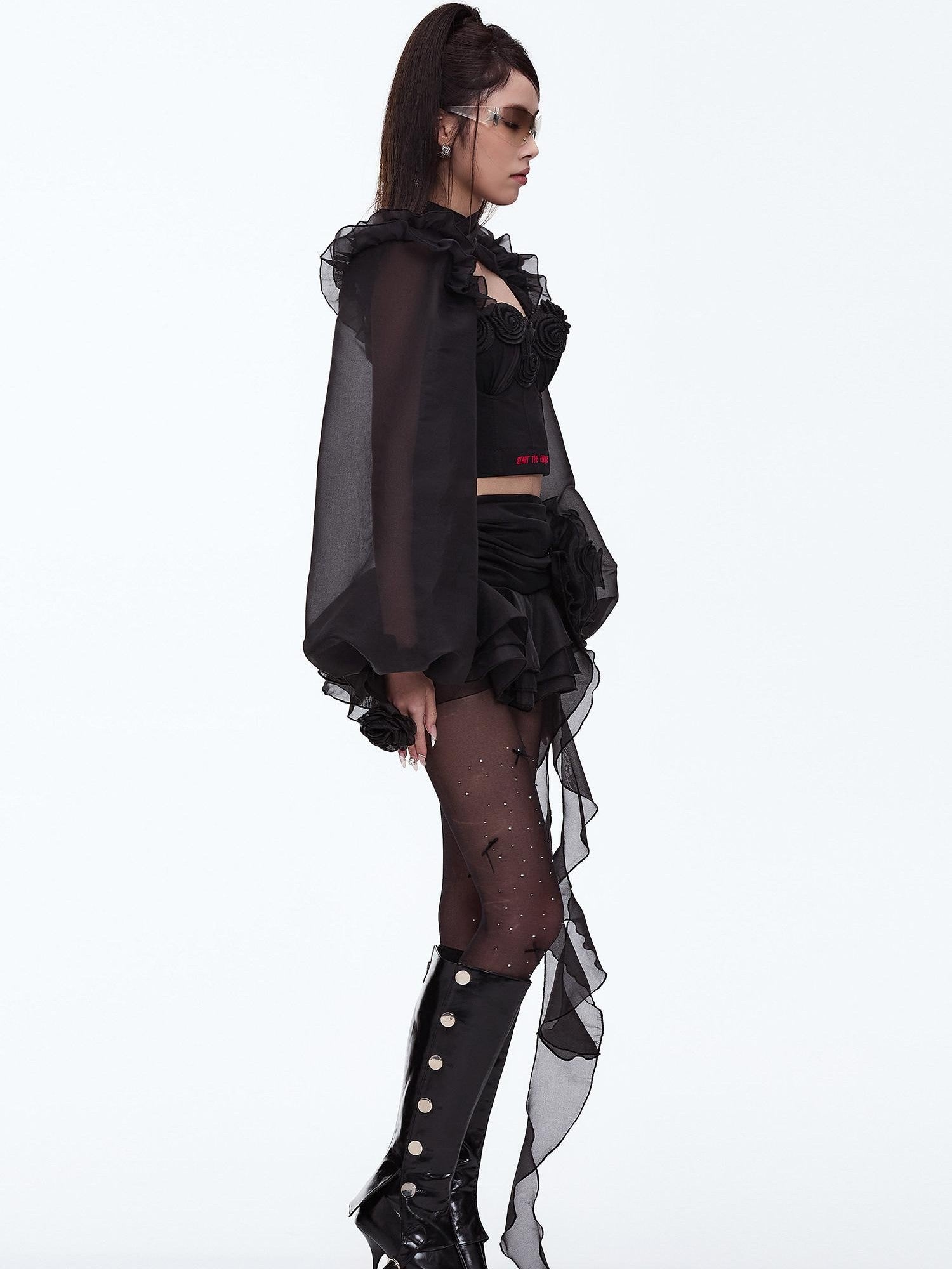START THE ENGINE Ruffle Edge Lantern Sleeve Women's Woven Polyester Arm Warmers
