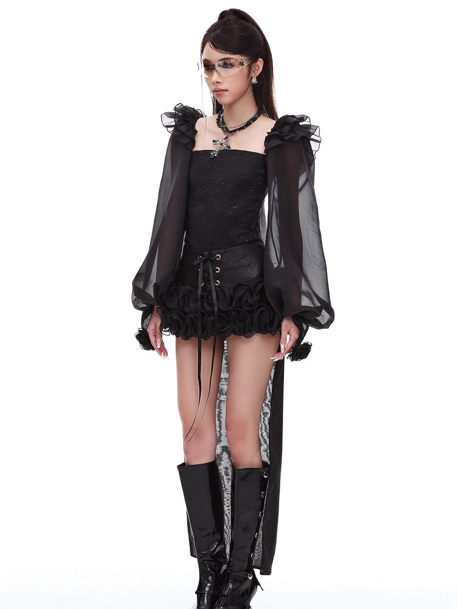 START THE ENGINE Ruffle Edge Lantern Sleeve Women's Woven Polyester Arm Warmers