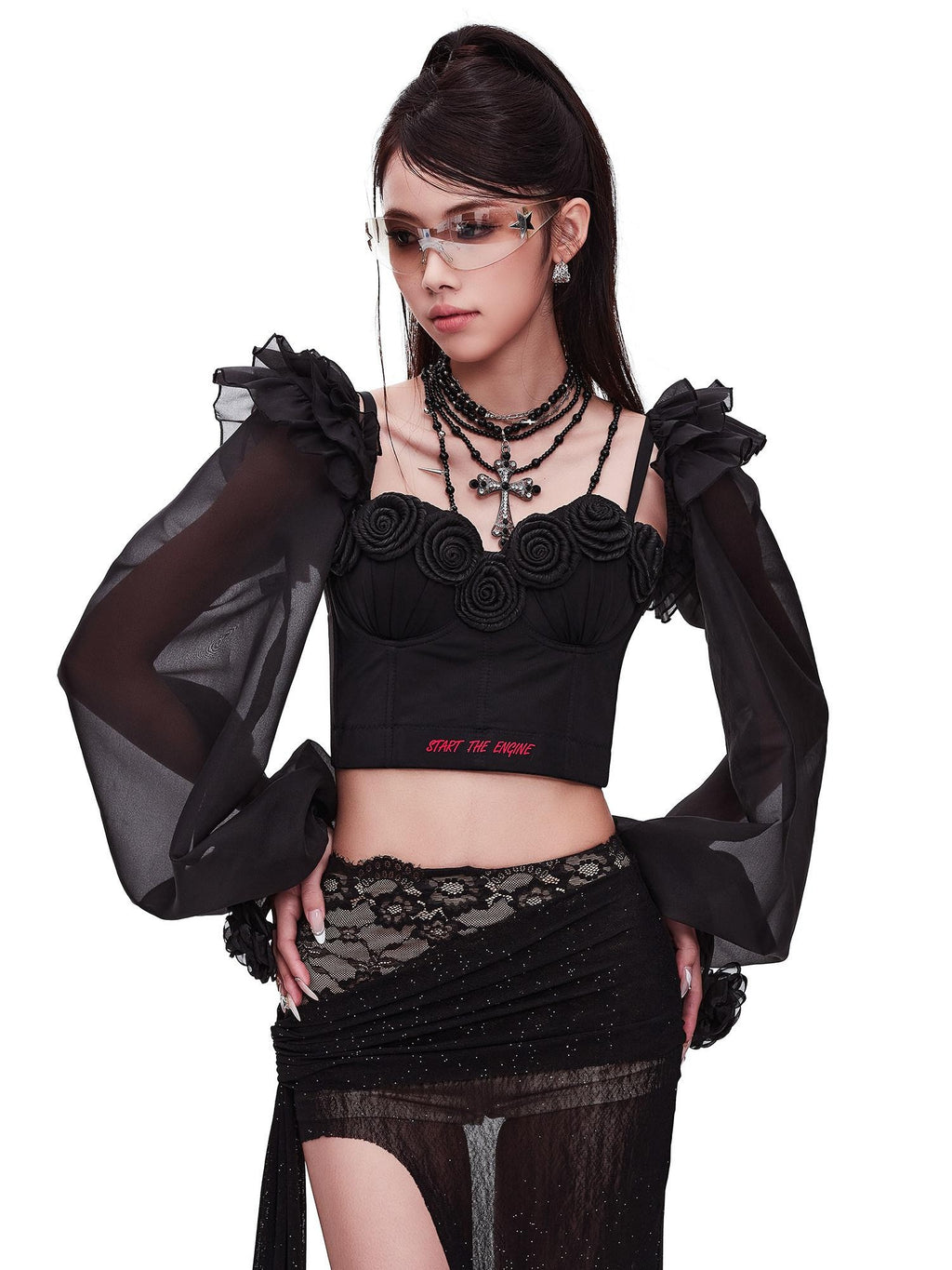START THE ENGINE Ruffle Edge Lantern Sleeve Women's Woven Polyester Arm Warmers