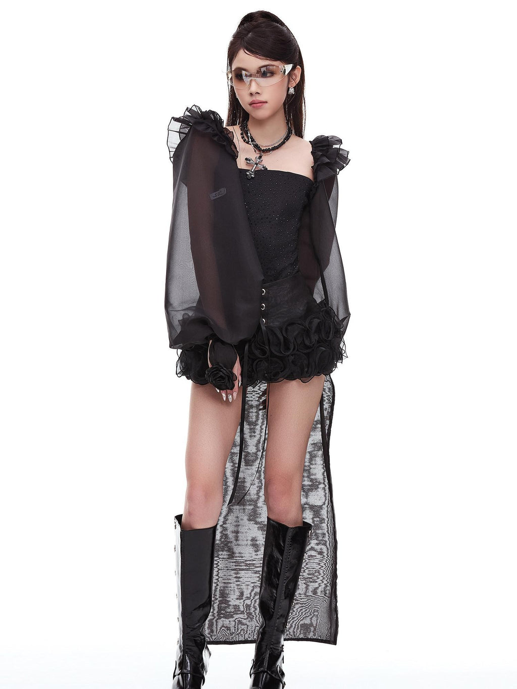 START THE ENGINE Ruffle Edge Lantern Sleeve Women's Woven Polyester Arm Warmers