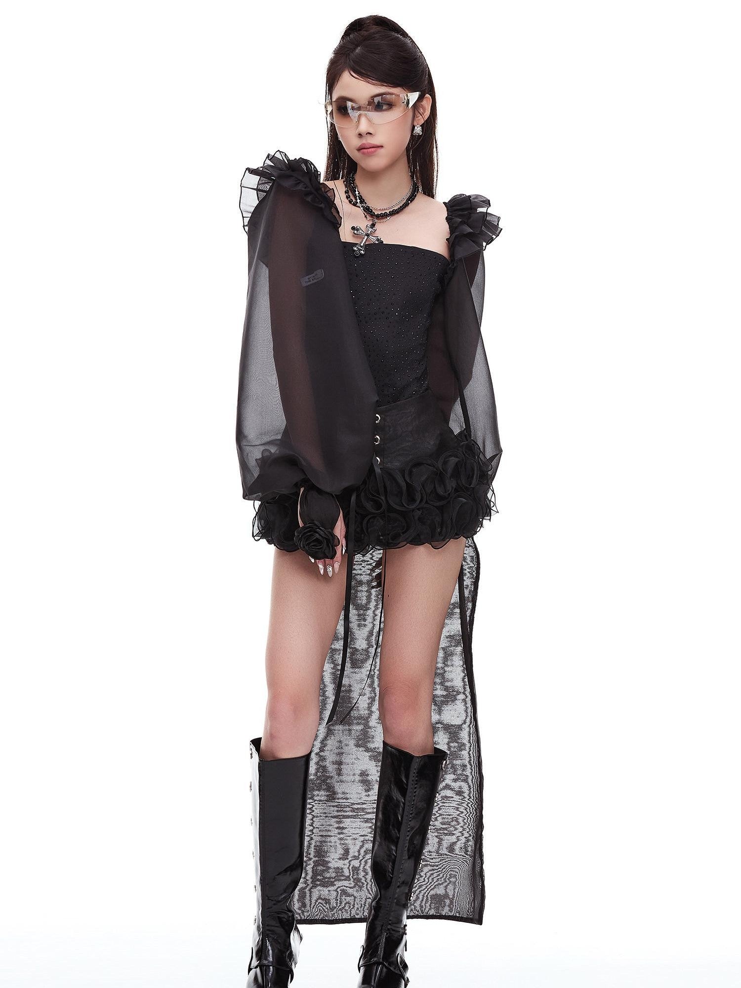 START THE ENGINE Ruffle Edge Lantern Sleeve Women's Woven Polyester Arm Warmers