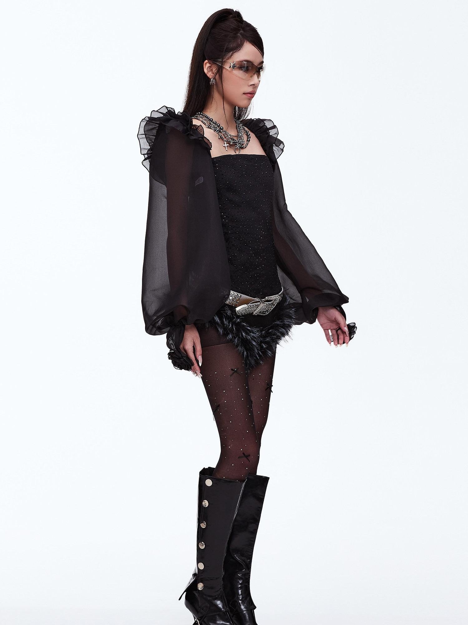START THE ENGINE Ruffle Edge Lantern Sleeve Women's Woven Polyester Arm Warmers