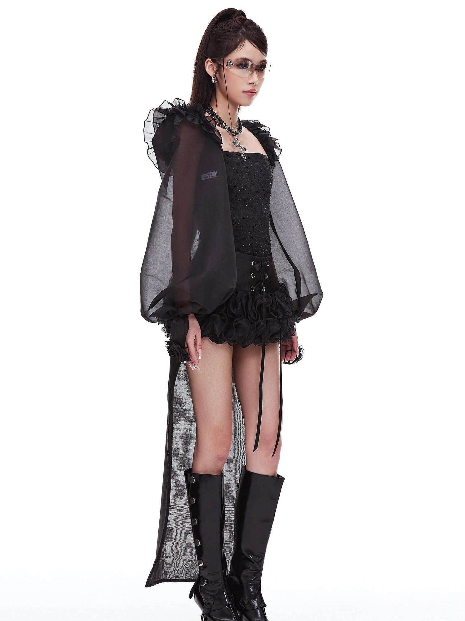 START THE ENGINE Ruffle Edge Lantern Sleeve Women's Woven Polyester Arm Warmers