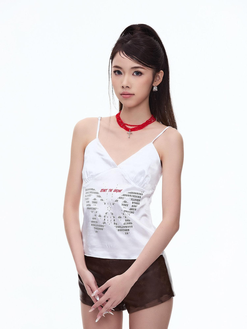 START THE ENGINE Satin Butterfly Letter Heat Transfer Print Women's Polyester Camisoles