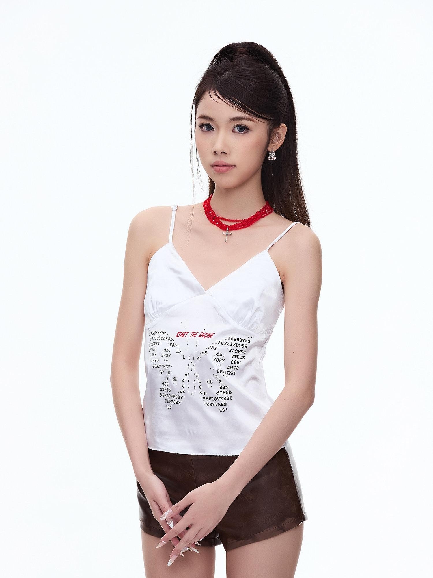 START THE ENGINE Satin Butterfly Letter Heat Transfer Print Women's Polyester Camisoles