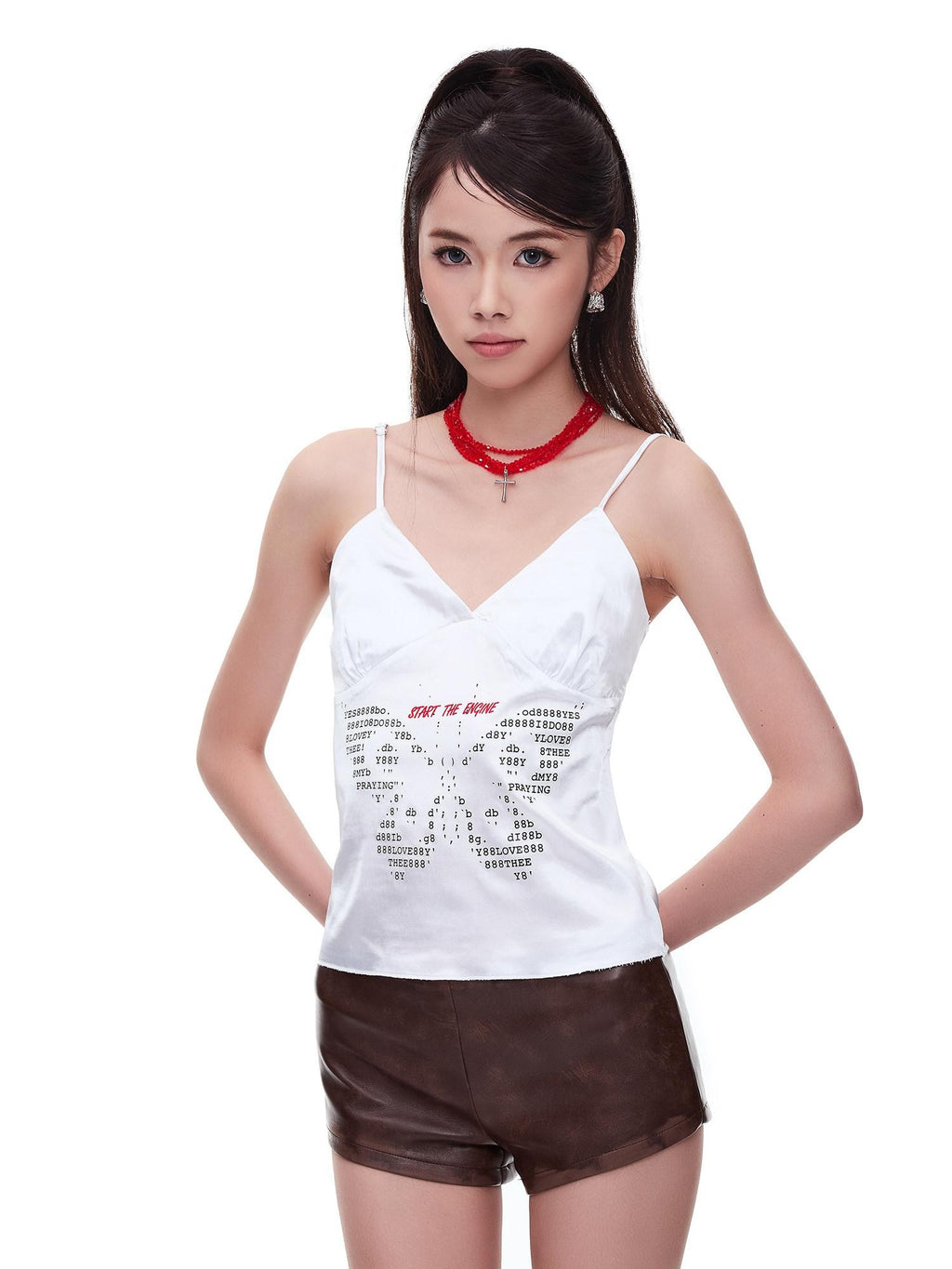 START THE ENGINE Satin Butterfly Letter Heat Transfer Print Women's Polyester Camisoles