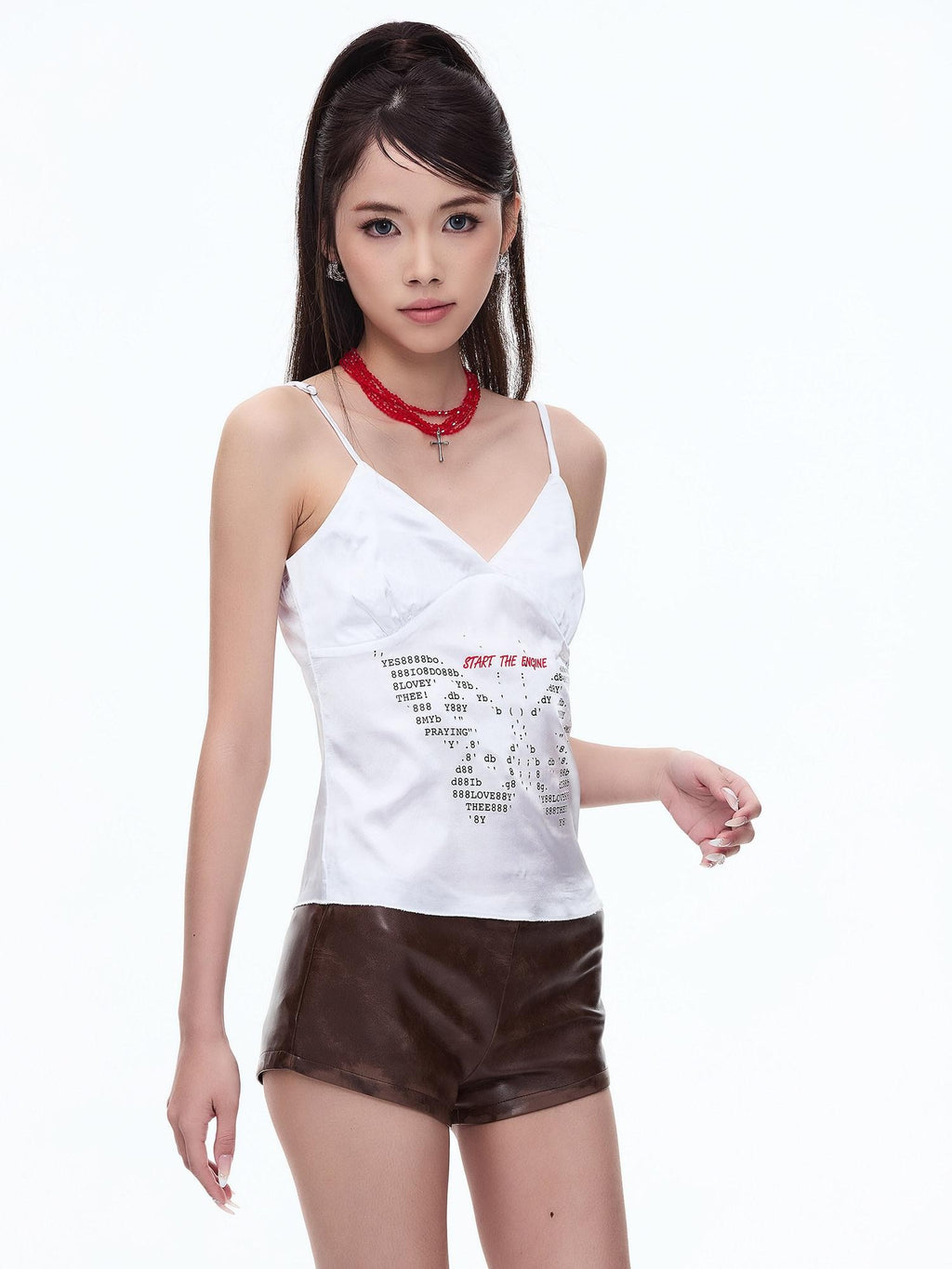 START THE ENGINE Satin Butterfly Letter Heat Transfer Print Women's Polyester Camisoles