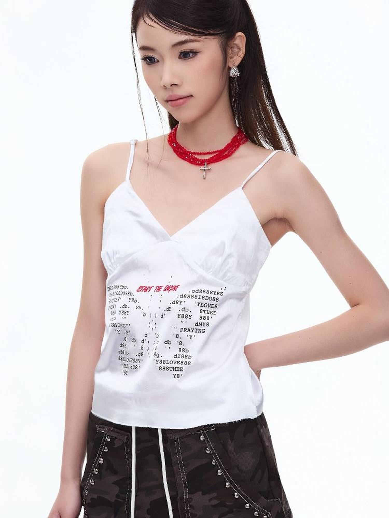 START THE ENGINE Satin Butterfly Letter Heat Transfer Print Women's Polyester Camisoles