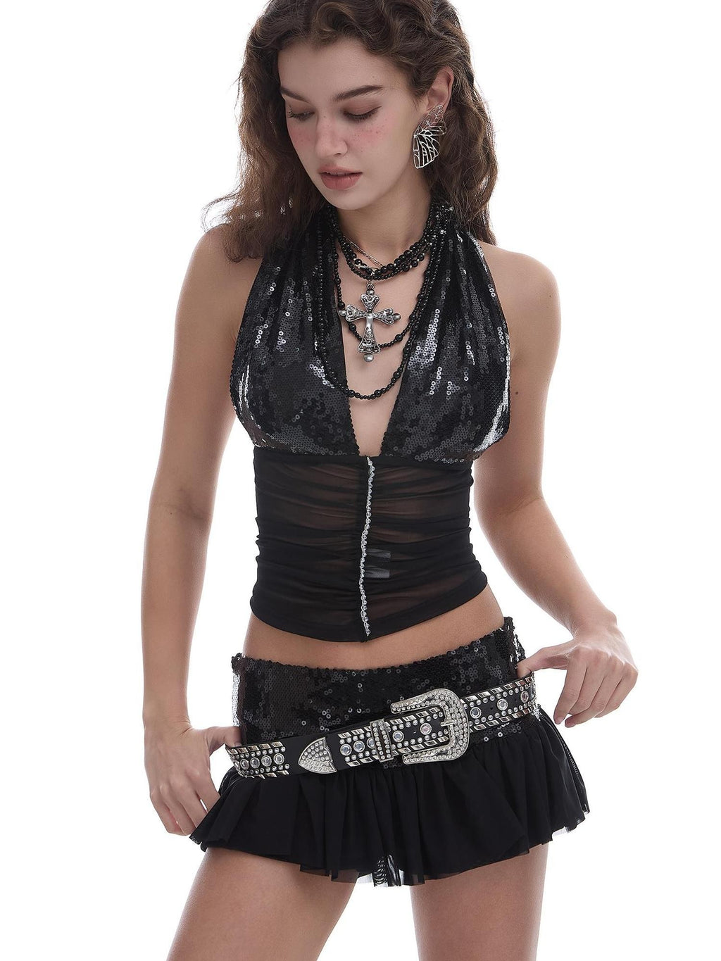 START THE ENGINE Sequin Halter Mesh Open Back V-neck Women's Polyester Tank Tops